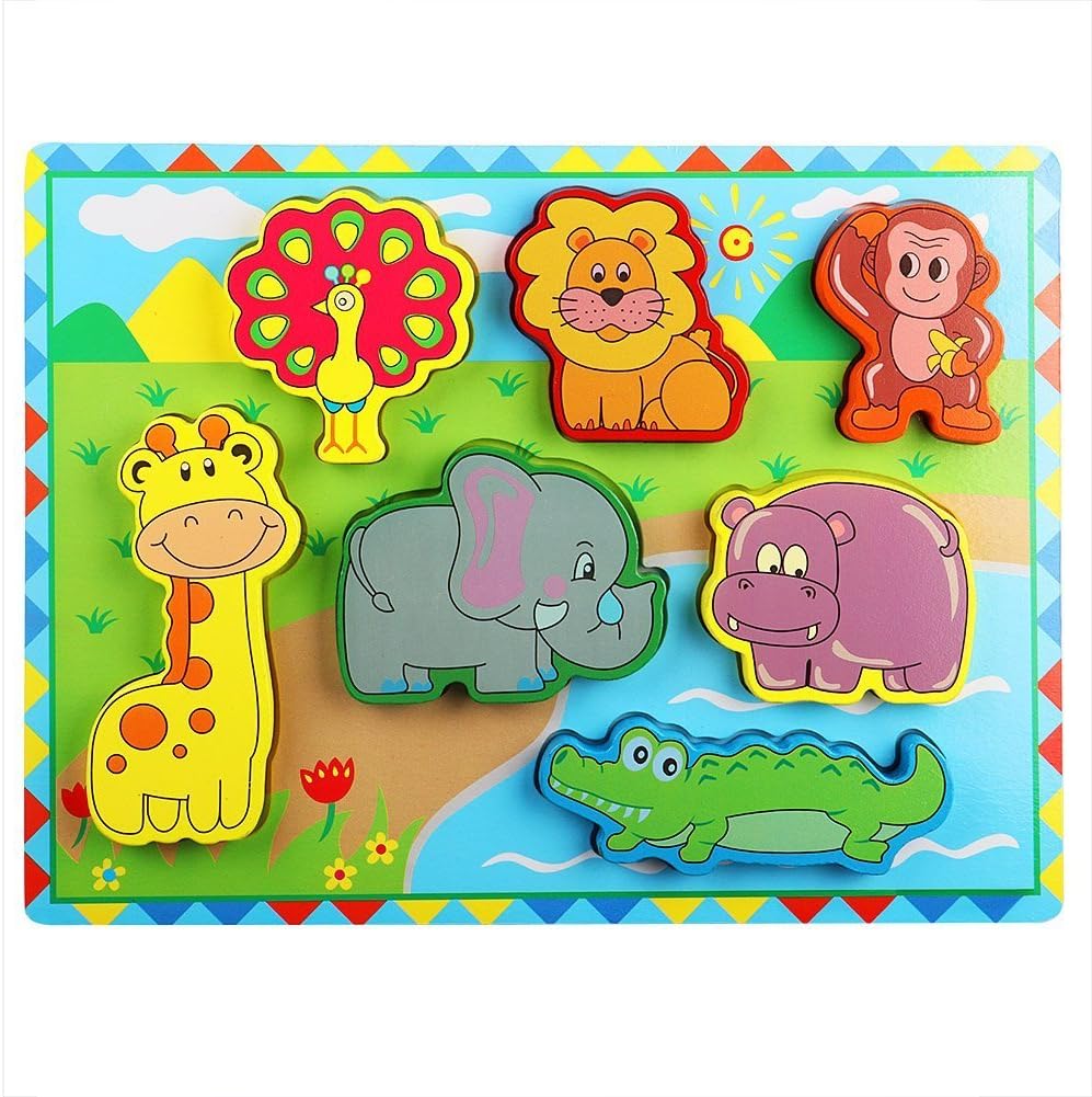Lewo Wooden Wild Animals Chunky Puzzle for Toddlers Preschool Learning Educational Toys 7 Pcs (Forest Animal)