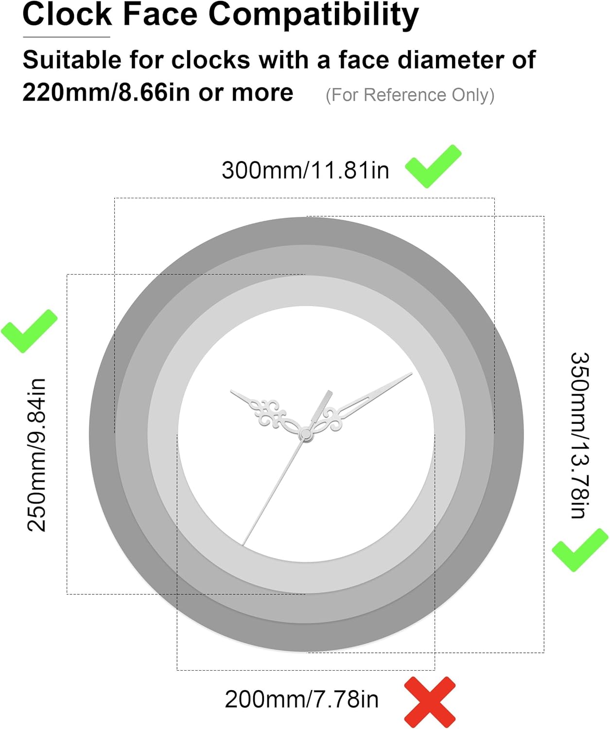 Clock Hands Hardware (Silver, Vintage, 8 Set) for Clocks with Face Diameter of 220mm/8.66in or More, Thick Shaft Quartz Movement Replacement, Coo Coo Wall Watch Needles Wind Up Parts Kit Bedroom