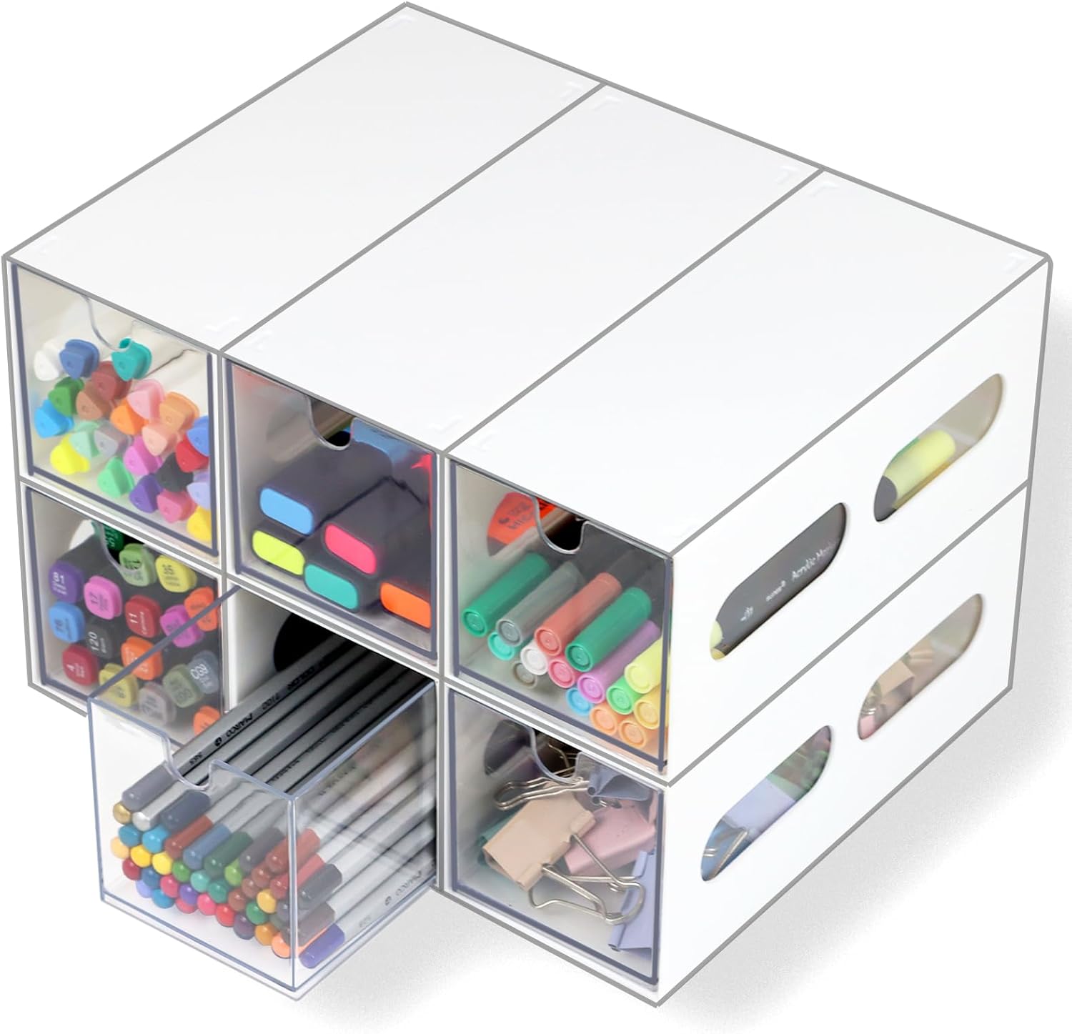 ZEXALOR Drawer Organizer Desktop Office Supplies Desk Organizer and Storage Stationary Make Up Jewelry Pen Storage Drawer, Clear Accessories Makeup Organizer Countertop Storage (White, 6 Pack)
