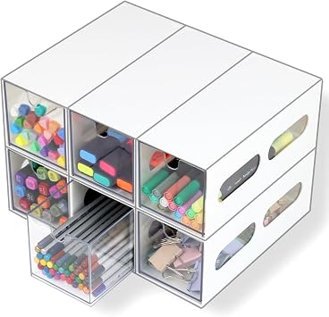 ZEXALOR Drawer Organizer Desktop Office Supplies Desk Organizer and Storage Stationary Make Up Jewelry Pen Storage Drawer, Clear Accessories Makeup Organizer Countertop Storage White, 6 Pack