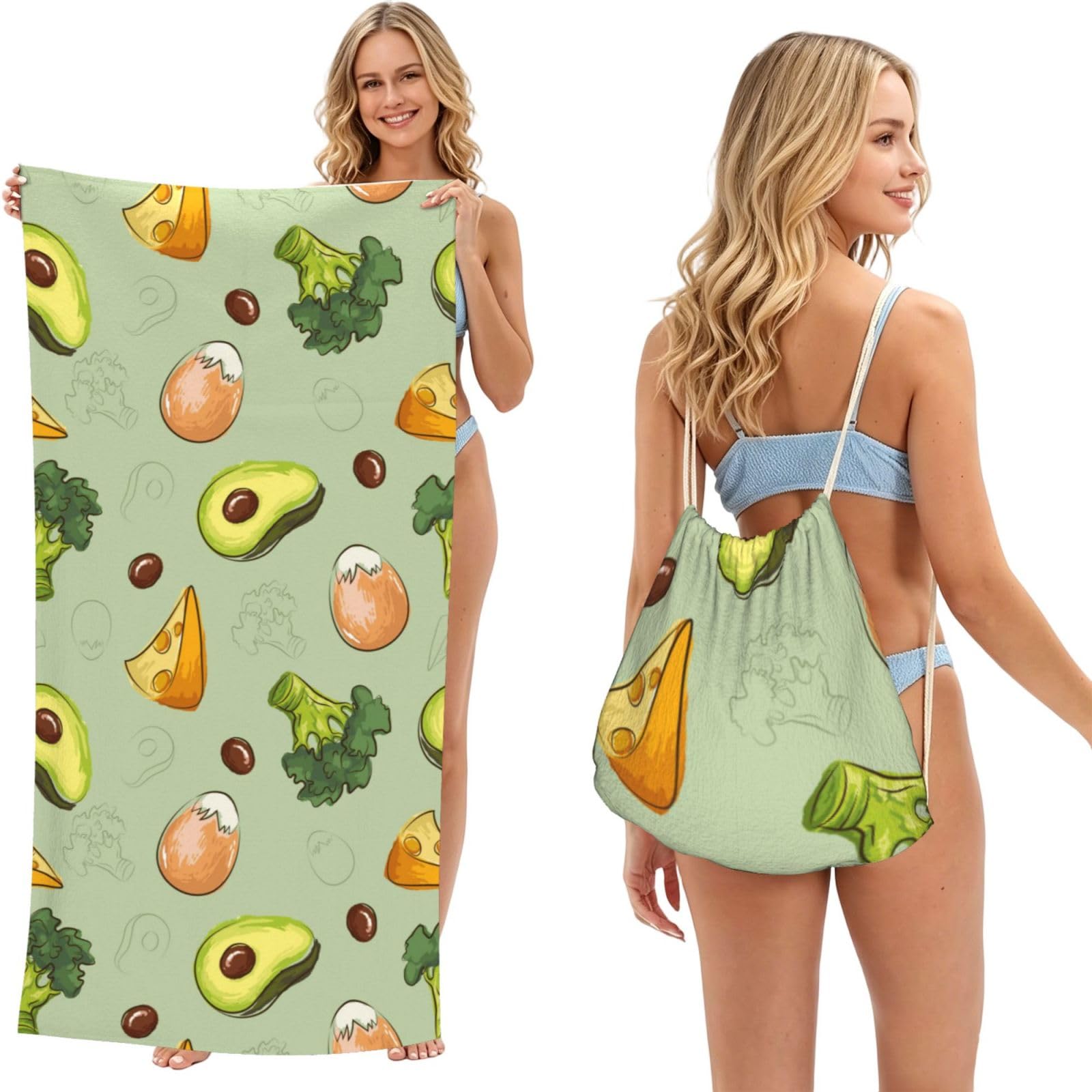 Poadnly As Picture Doodle Broccoli Cheese Avocado, 2 In 1 Packable Towel Bag, Beach Towels With Drawstring Backpack For Travel Holiday Camping