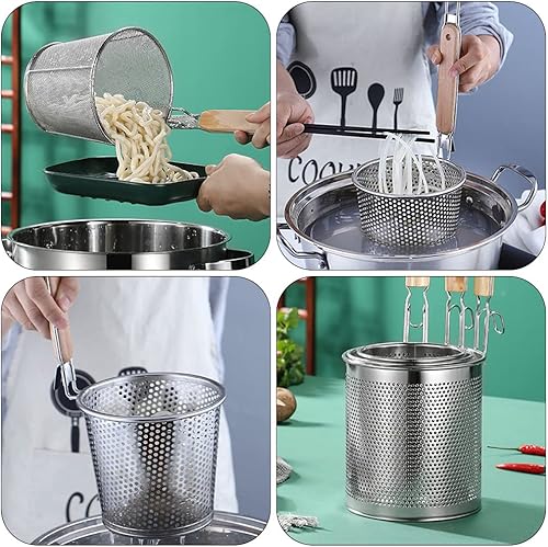 Miniatura 7 de XENITE Cesta de pasta para hervir pasta, colador de araña, de malla con mango de madera, cuchara ranurada, colador de olla caliente, cucharón para