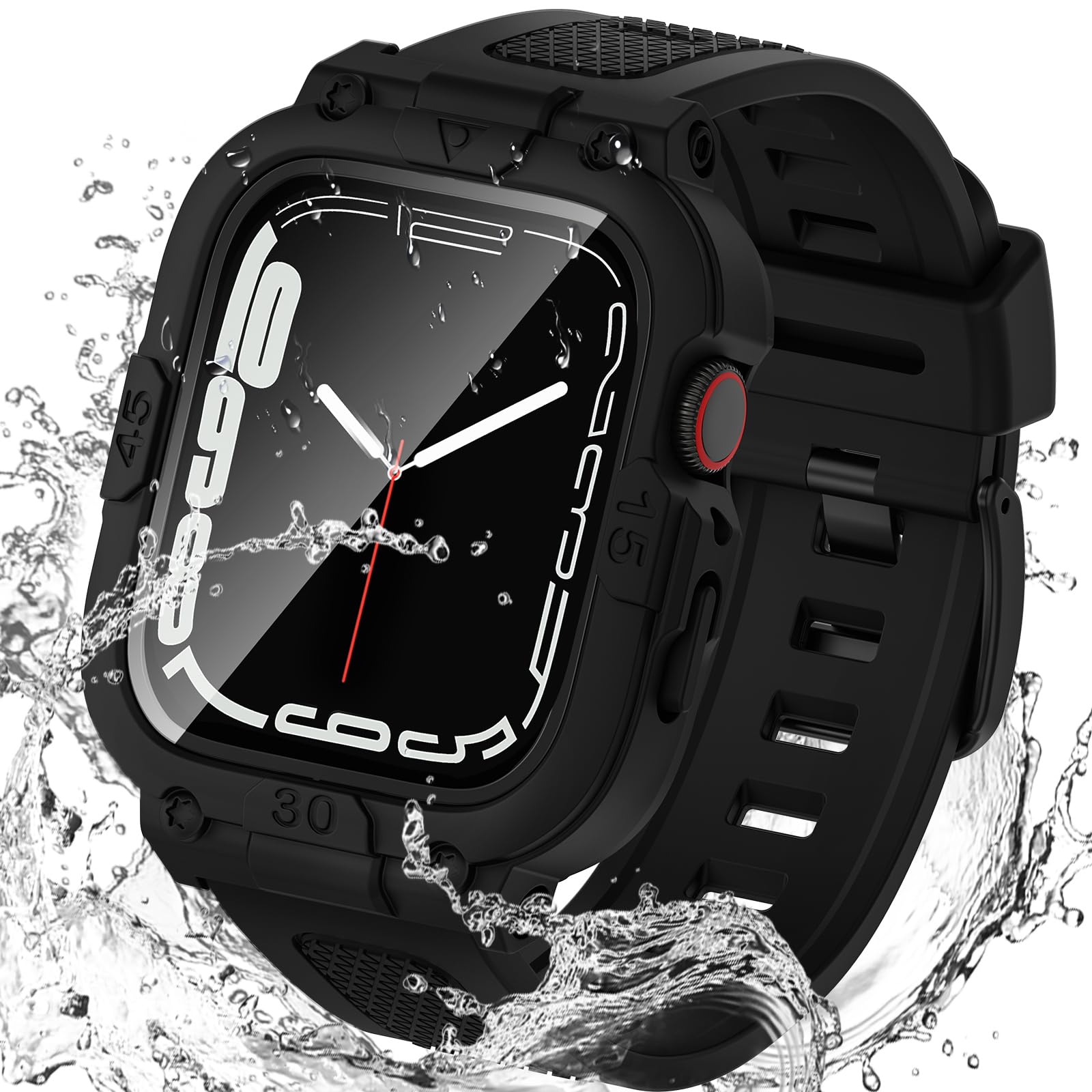 Goton Custodia impermeabile 3 in 1 e cinturino con pellicola protettiva in vetro temperato per Apple Watch Series 10 9 8 7 6 5 4 SE2 SE Ultra 46 mm 42 mm 44 mm 40 mm 45 mm 41 mm 49 mm, copertura