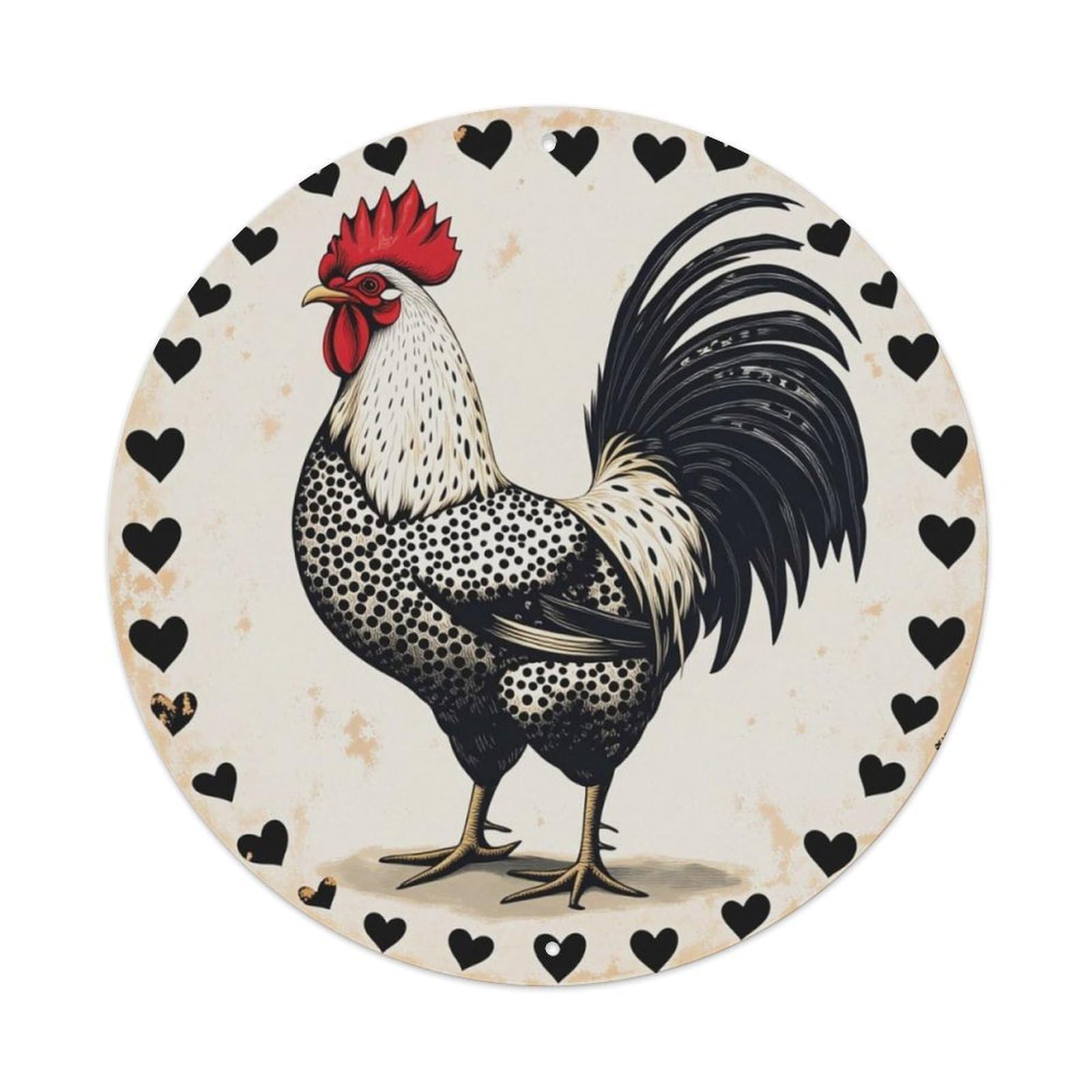 Vintage Speckled Rooster Heart Border Round Wall Decor Sign Vintage Aluminium Metal Sign, Retro Wall Decor for Home, Bar, Garage & Farmhouse 20x20cm