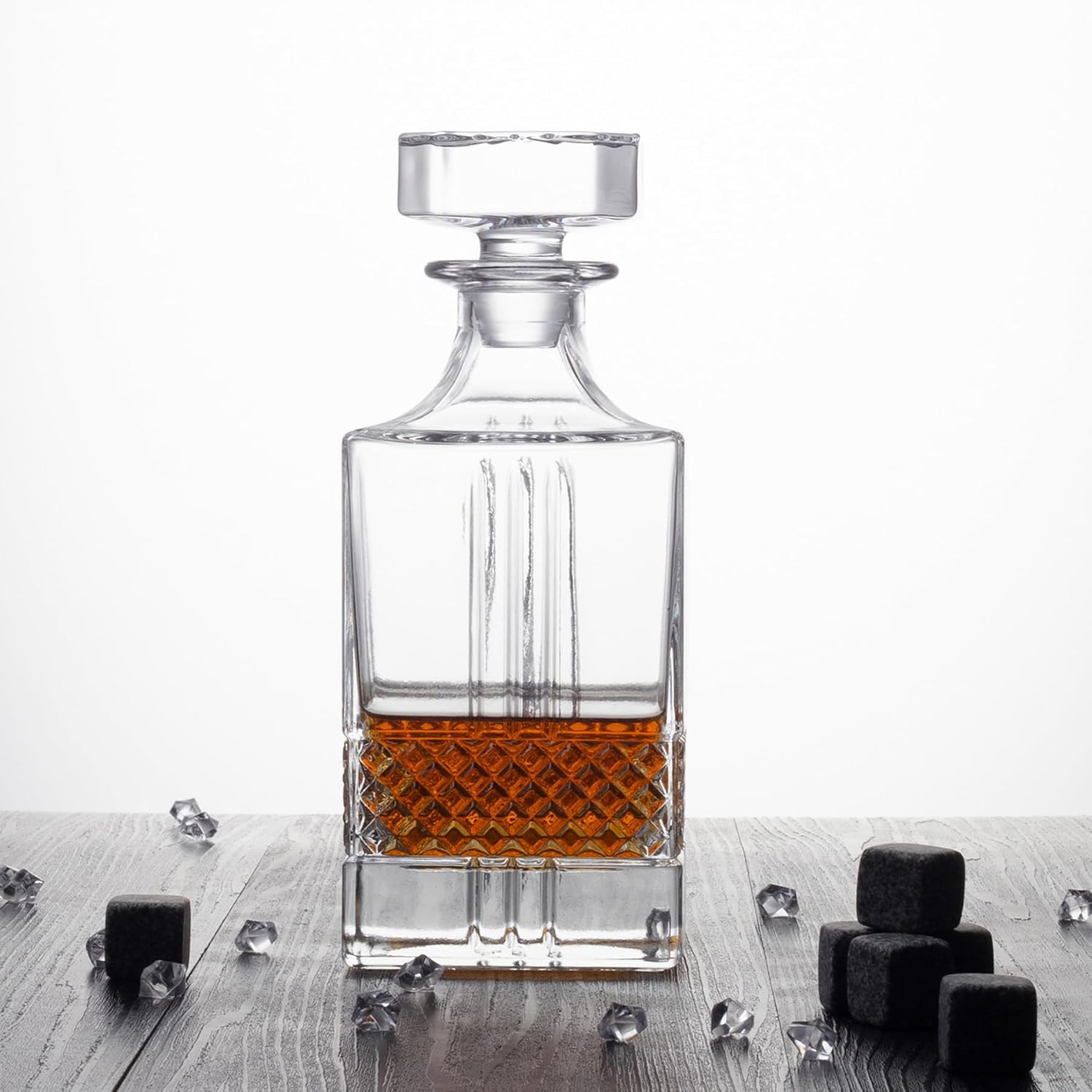 Whiskey Decanter with Sealed Irregular Stopper,Novel Lead-Free Crystal Glass Bottle,Gift for Friends,Glass Decanters for Vodka,Wine, liquor,Juice and Water(Carved Strip)