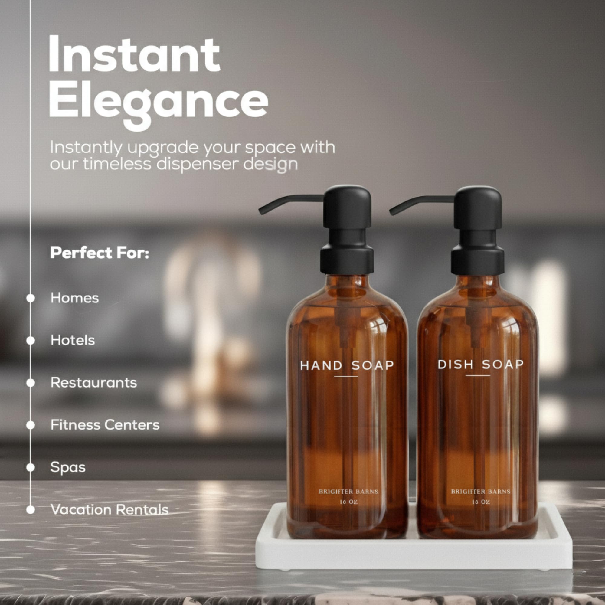 Brighter Barns - Set dispenser di sapone per mani e piatti, in vetro ambrato, con vassoio, per cucina, Airbnb, case vacanze o ristorante, decorazione moderna e accessori per la cucina (ambra)
