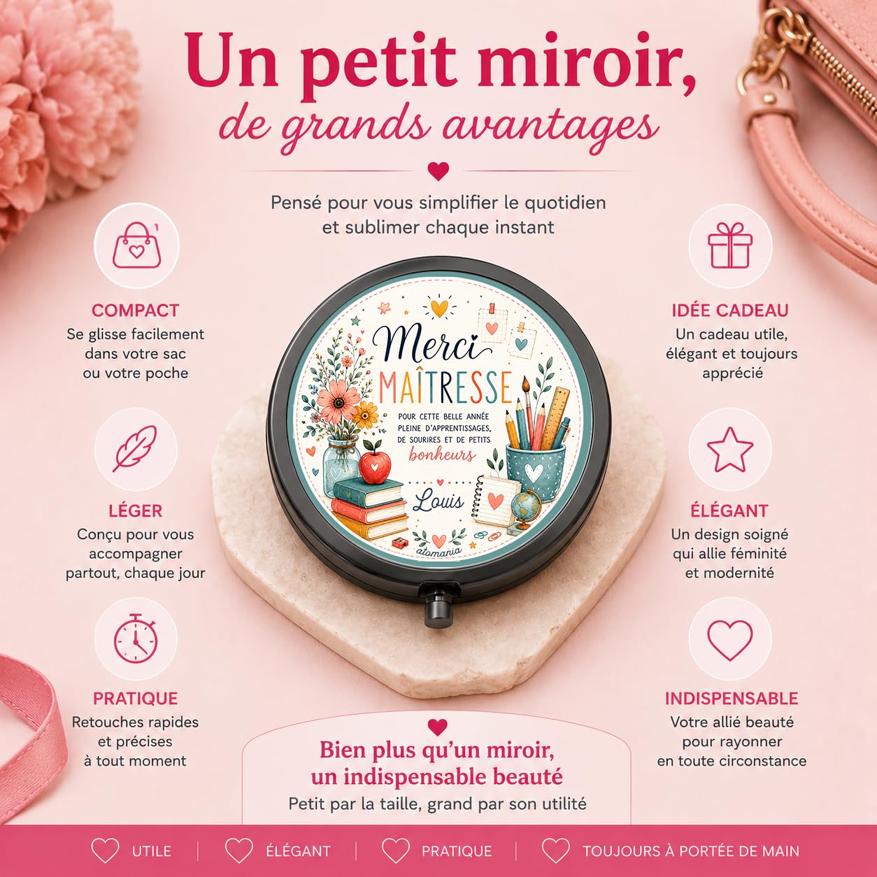 Miroir de Poche Merci Maîtresse Personnalisé – Cadeau Maîtresse Fin d'Année Scolaire avec Prénom – Cadeau Institutrice Original et Utile – Miroir Compact Femme