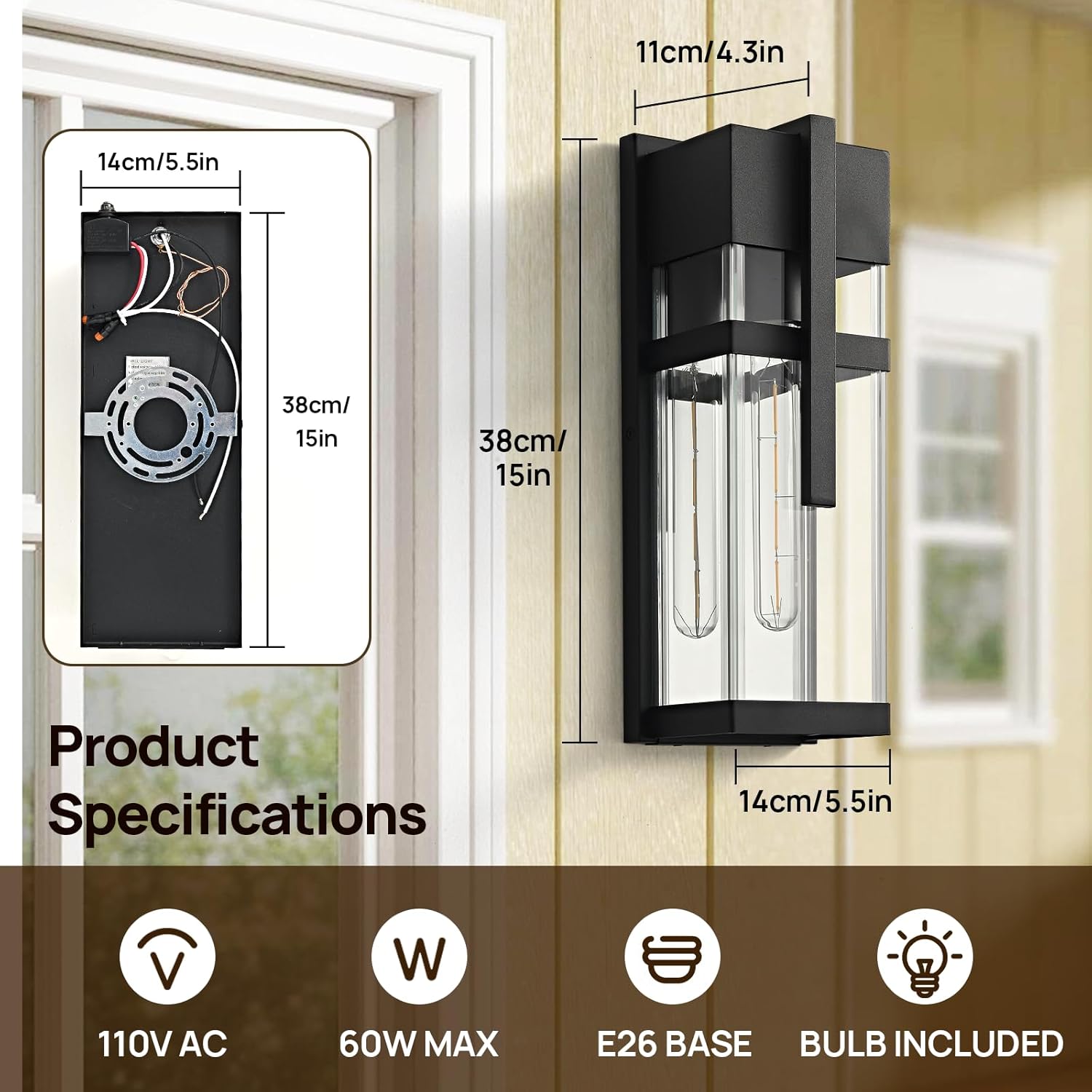 Dusk to Dawn Outdoor Wall Light Waterproof Exterior Lighting Fixtures Black Outdoor Sconces Lights with Tempered Glass 15''H Outside Lantern for Porch Patio Garage,2-Pack,Bulb Included