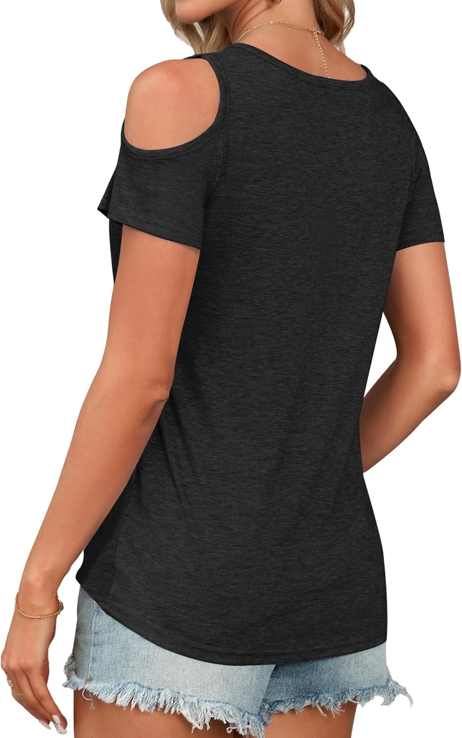 AUSELILY Womens Summer T Shirts Casual Ladies V Neck Tops Short Sleeve Cold Shoulder Loose Fit Blouse - Image 4