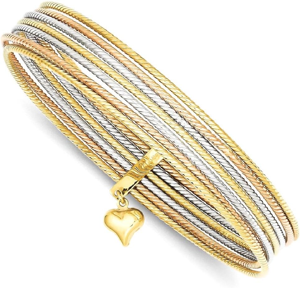 IceCarats 14K Tri Color Gold Heart Charm Slip on Set Bangle Bracelet 7.5 inch, Polished, Textured For Her