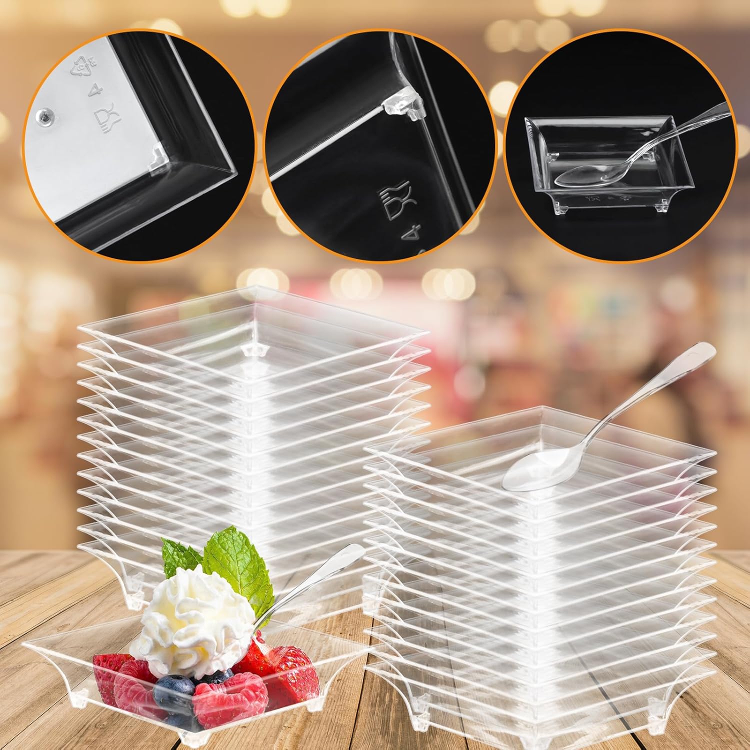 100 Sets 2.4'' Mini Dert Plates with Tasting Spoons, Clear Disposable