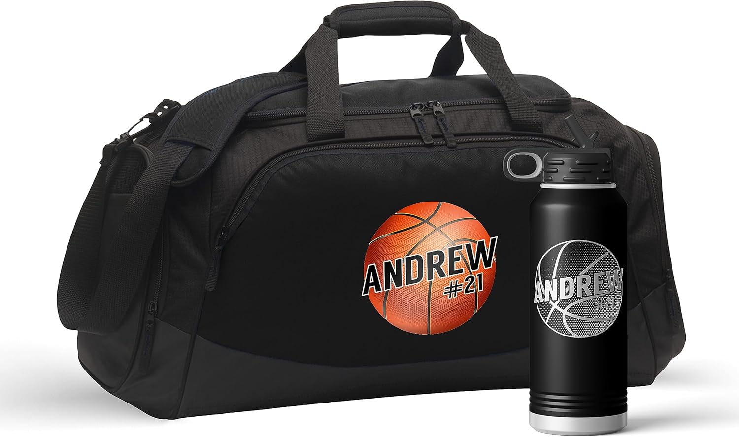 Personalized Basketball Duffel Bag Set Engraved Water Bottle | Coach Design Name Number Player Boys Girls Birthday Christmas