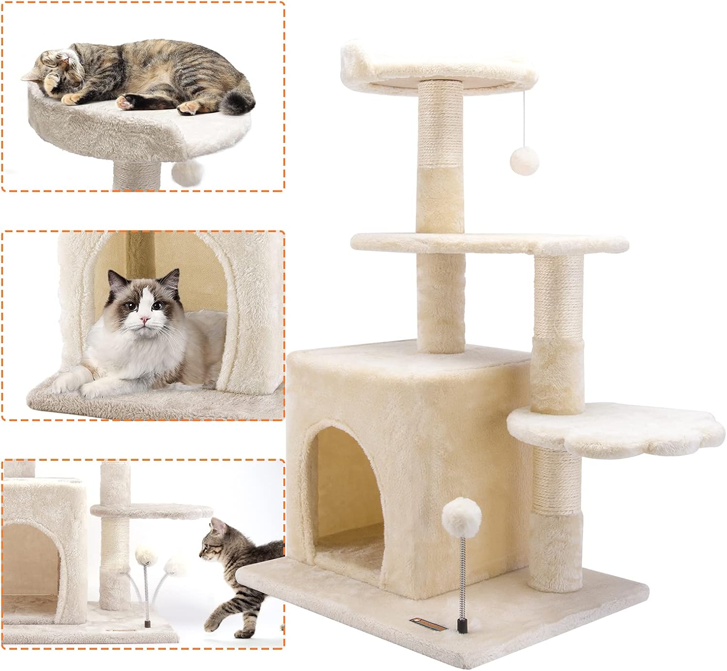 Cat Tree Cat Tower Cat Condo, HAMATE 33.5" Cat House with Sisal Scratching Post for Kitten Activity Platform Playground Furniture with Plush Hanging Ball Toy for Playing Climb Relax and Sleep (Beige)