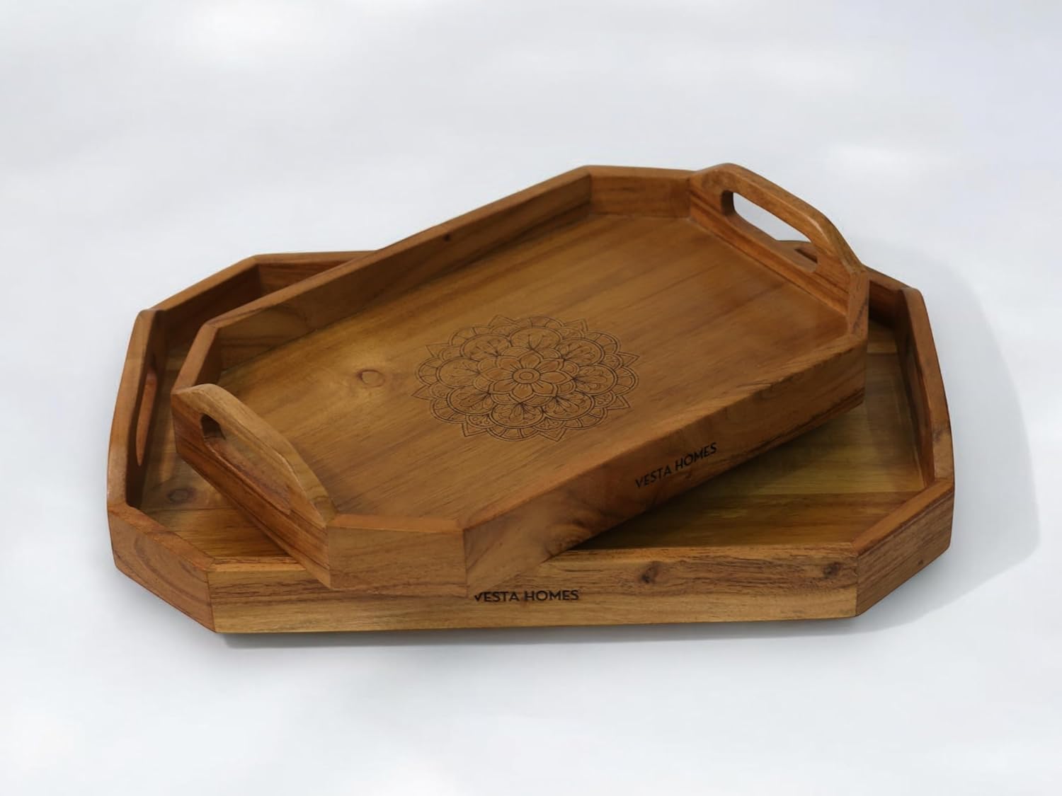 Vesta Homes Extra Large Wooden Serving Tray for Home, Kitchen, Breakfast, Restaurant, Office Organizer, Dining Table | Premium Acacia Wood |18 * 12 * 3 Inches | Handcrafted in India