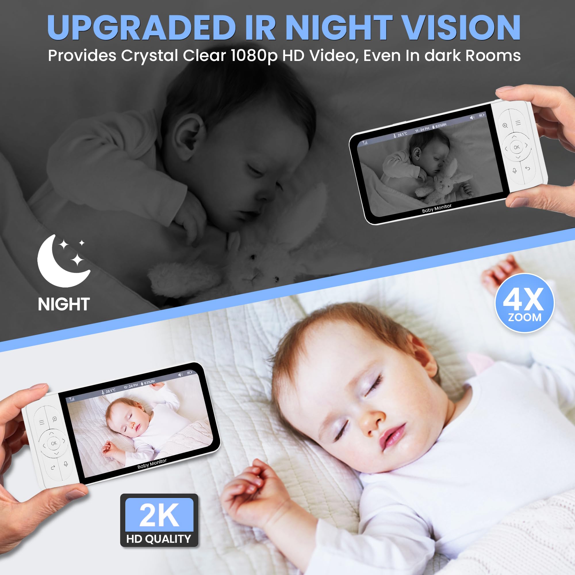 RFAQK Baby Monitor con WiFi - Videocamera 2K con schermo HD da 5 pollici, visione notturna, modalità VOX 24 ore, sensore di temperatura pianto e rilevamento movimento, monitoraggio automatico PTZ