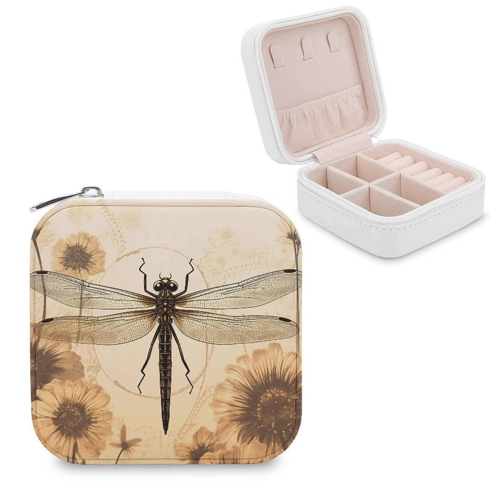 FekiLoot Dragonfly on Sunflower Jewelry Case Personalized Leather Jewelry Box Mini Travel Jewelry Case Small Portable Jewelry Organizer for Ring Earrings Necklace Bracelet