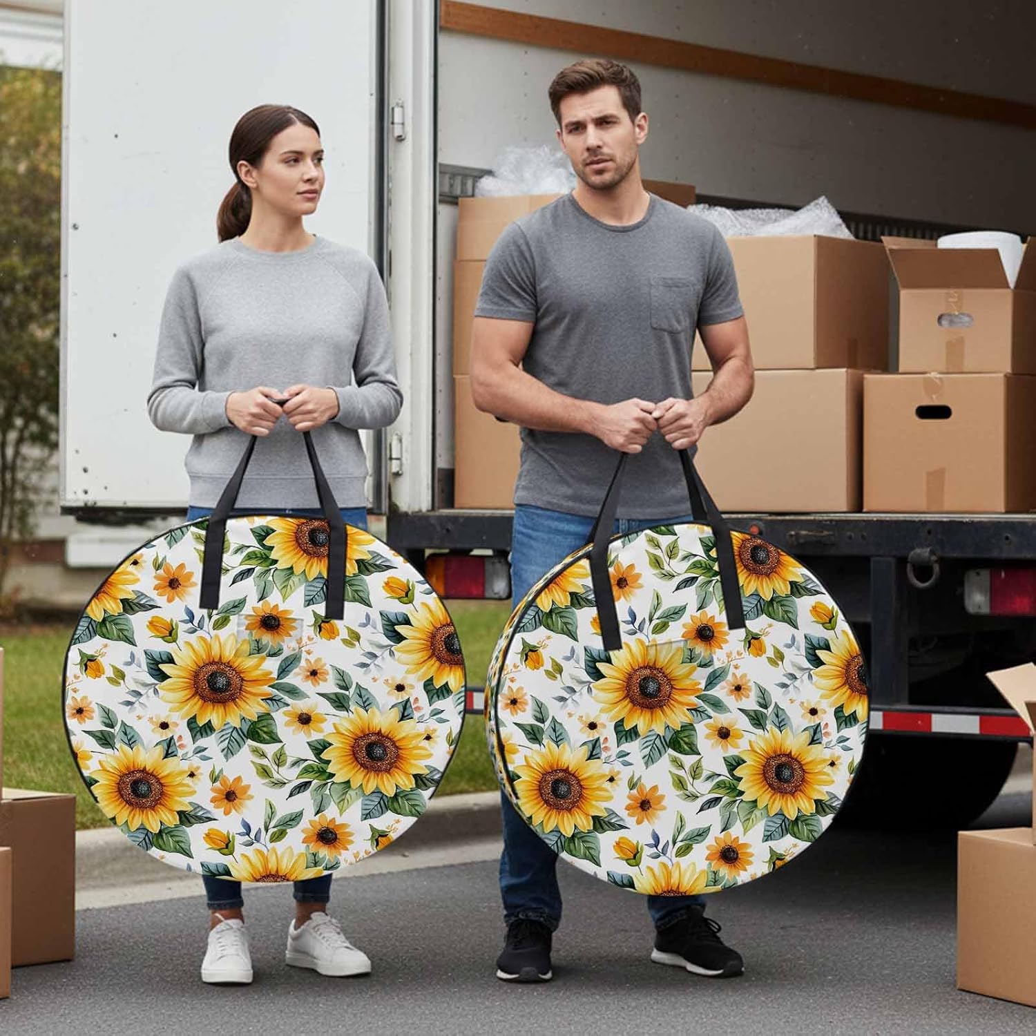 Rustic Sunflower Round Storage Bag 36 Inch, Floral Leaf Farmhouse Clothes Storage Container with Handles Heavy Duty Organizer for Comforter, Bedding & Holiday Wreaths