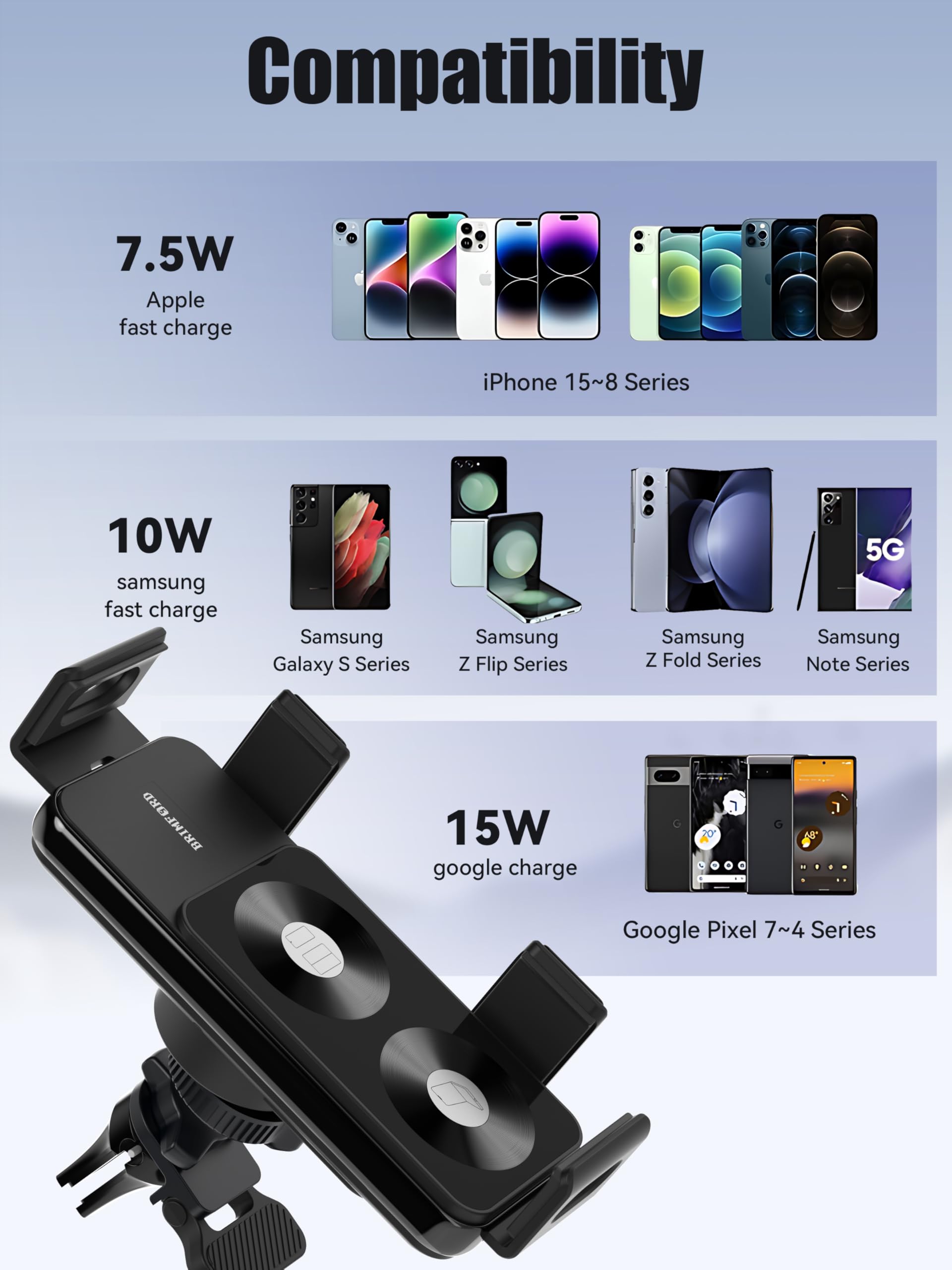 Support de téléphone pour voiture à double bobine, chargeur sans fil voiture QI 15W, compatible avec Samsung Galaxy Z Fold/Flip 6/5/4/3, Support de capteur de téléphone portable pour Google 8a/9 pro/9