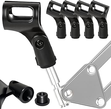 Universal Microphone Clip Holder 4 Pack, Adjustable Mic Clip Holder for Mic Stand Suitable for Handheld Microphones, Come with 5/8" Male to 3/8" Female Screw Adapter, Easy to Use Black