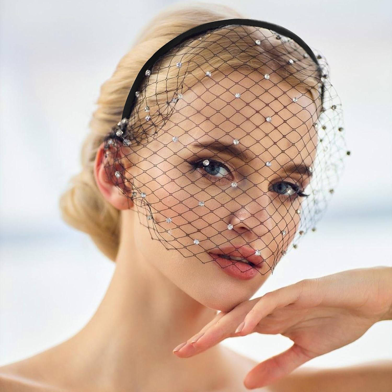 Mesh Veil Fascinator Headband 1920s Headpiece for Women Funeral Veil with Rhinestones for Tea Party Church Graduation