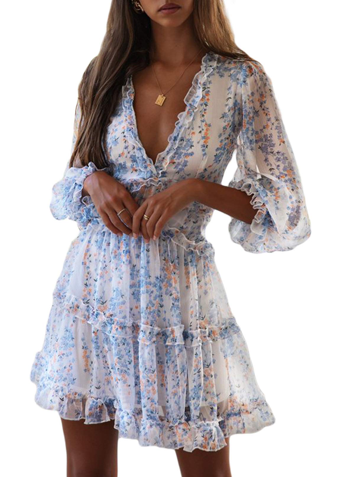 Womens Flowy Dress Casual Summer Loose Fitting Mini Dresses V