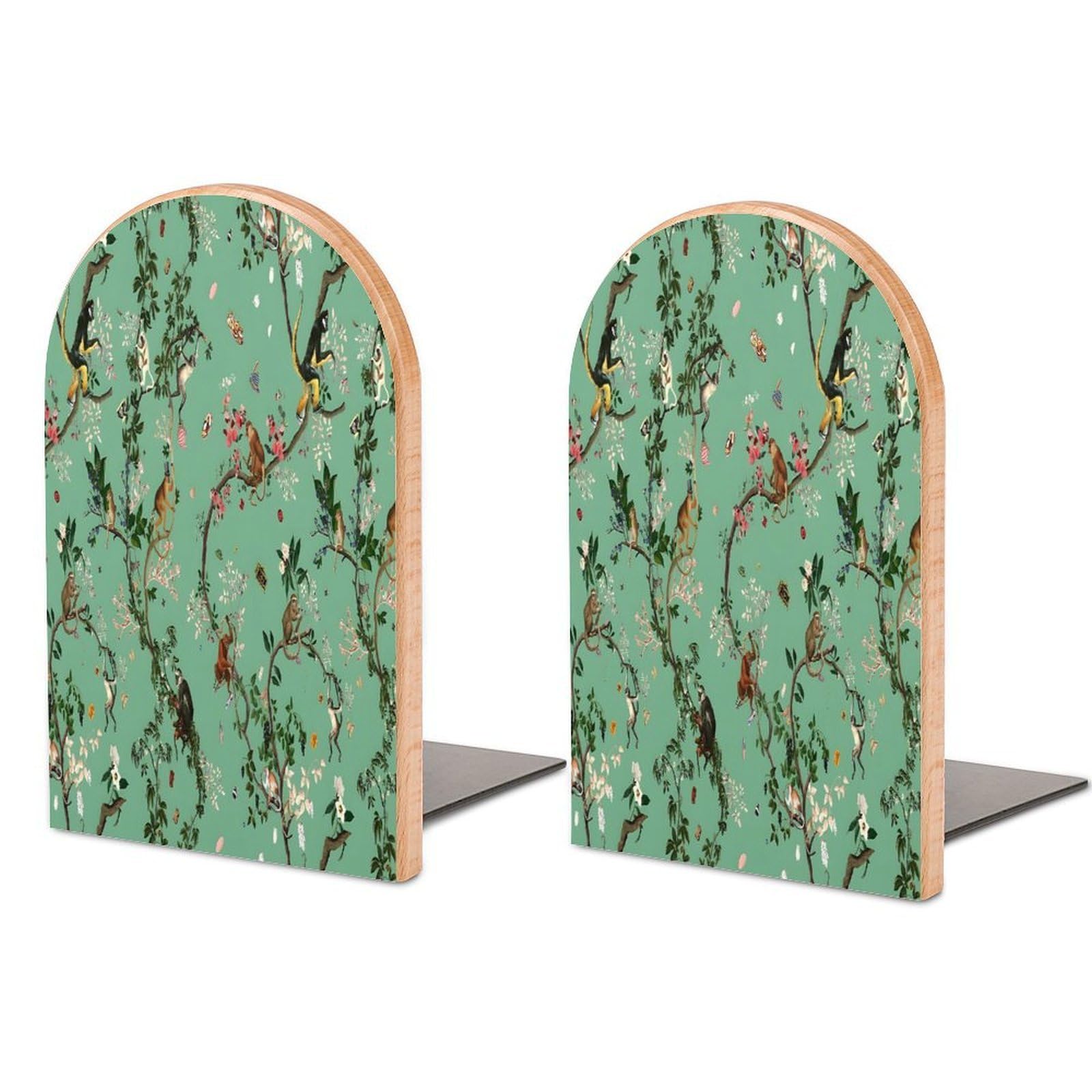 Monkey World Green Beech Wood Bookends Heavy Duty Book Organizers Desktop File Holder for Office Home Bookshelf
