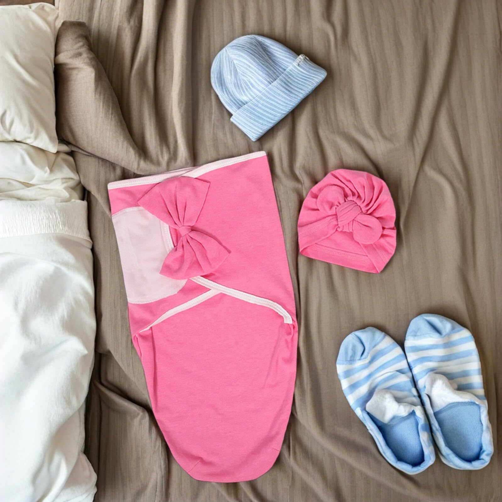 Manta Envolvente para Recién Nacidos con Lazos, 3 Piezas, Algodón | Intenso, Set Primera Puesta para Niña, Uso en Fotografía Neonatal y Visitas Hospitalarias