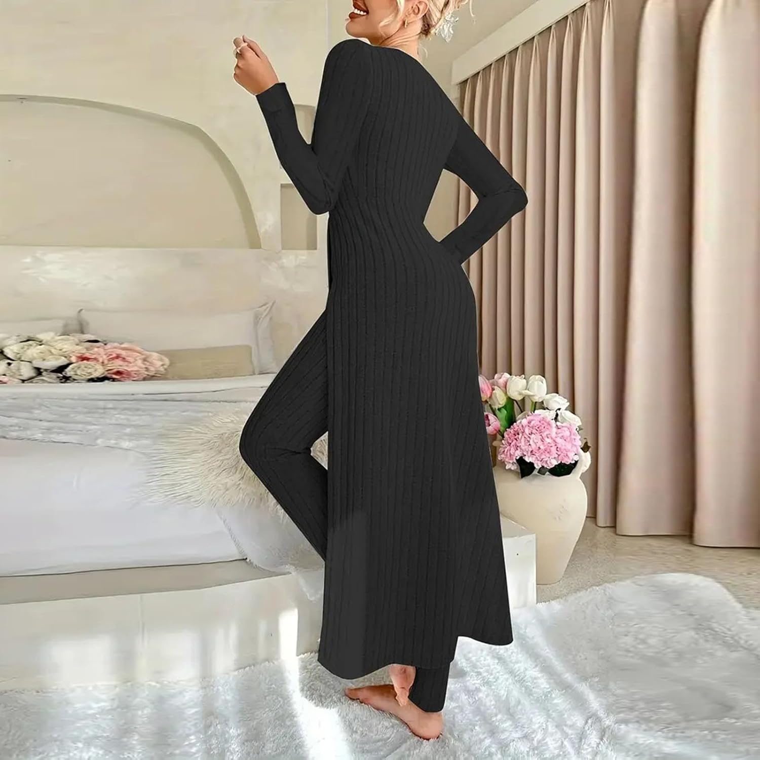 Womens Rib Knit Pajamas Lounge Sets Long Sleeve High Slit Sleep Dress and Long Pants Matching Sleepwear Loungewear