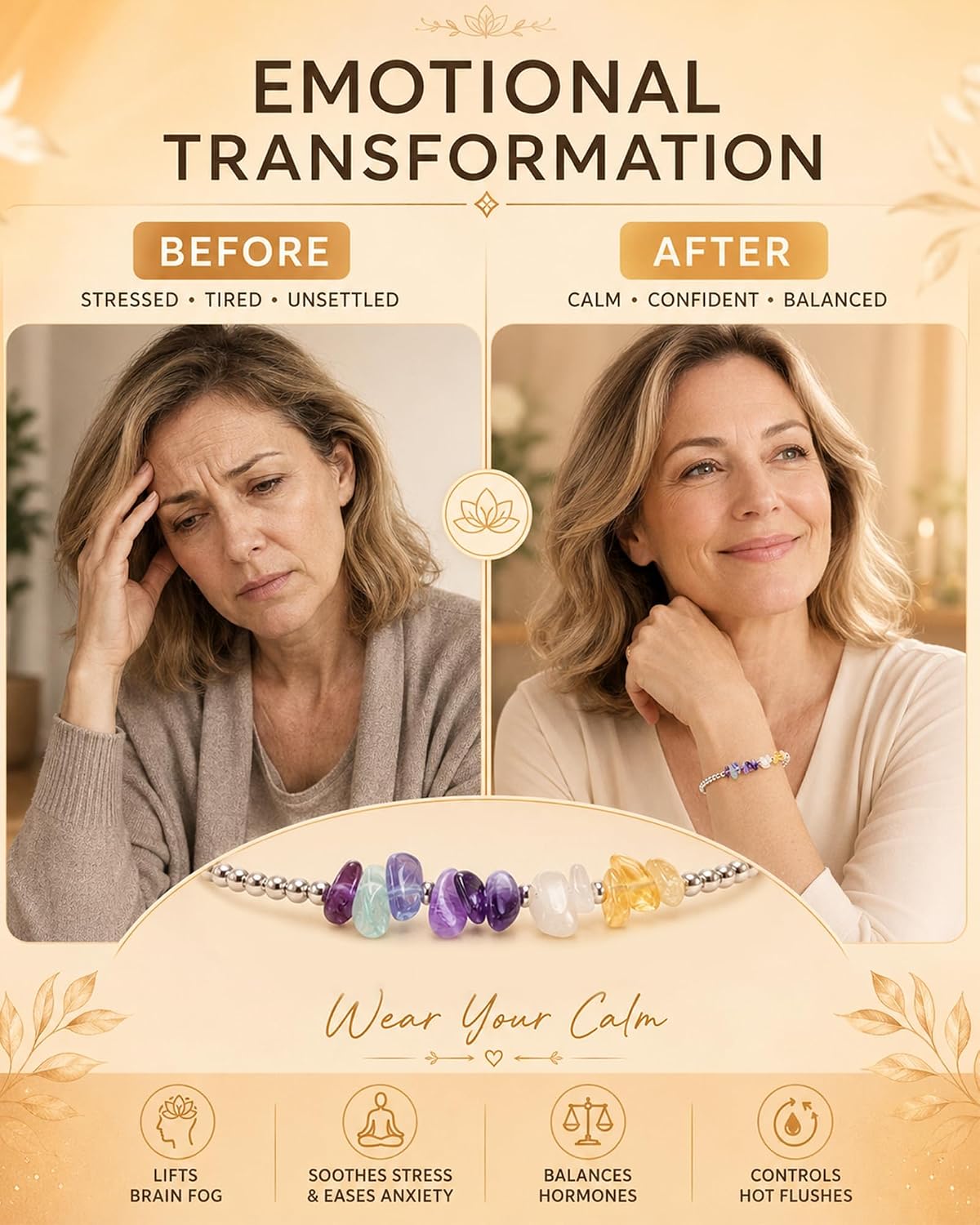 Menopause Bracelet for Women Menopause Relief Healing Crystal Bracelet Natural Fluorite Amethyst Moonstone Citrine Bracelets Anxiety Stress Relief Wellness Jewelry Gifts