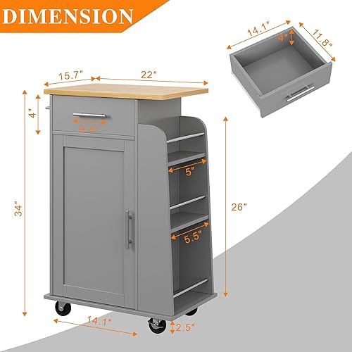Miniatura 6 de Shintenchi Pequeña isla de cocina con ruedas con estante de especias lateral de 3 niveles y parte superior de madera de goma, carrito con armario de