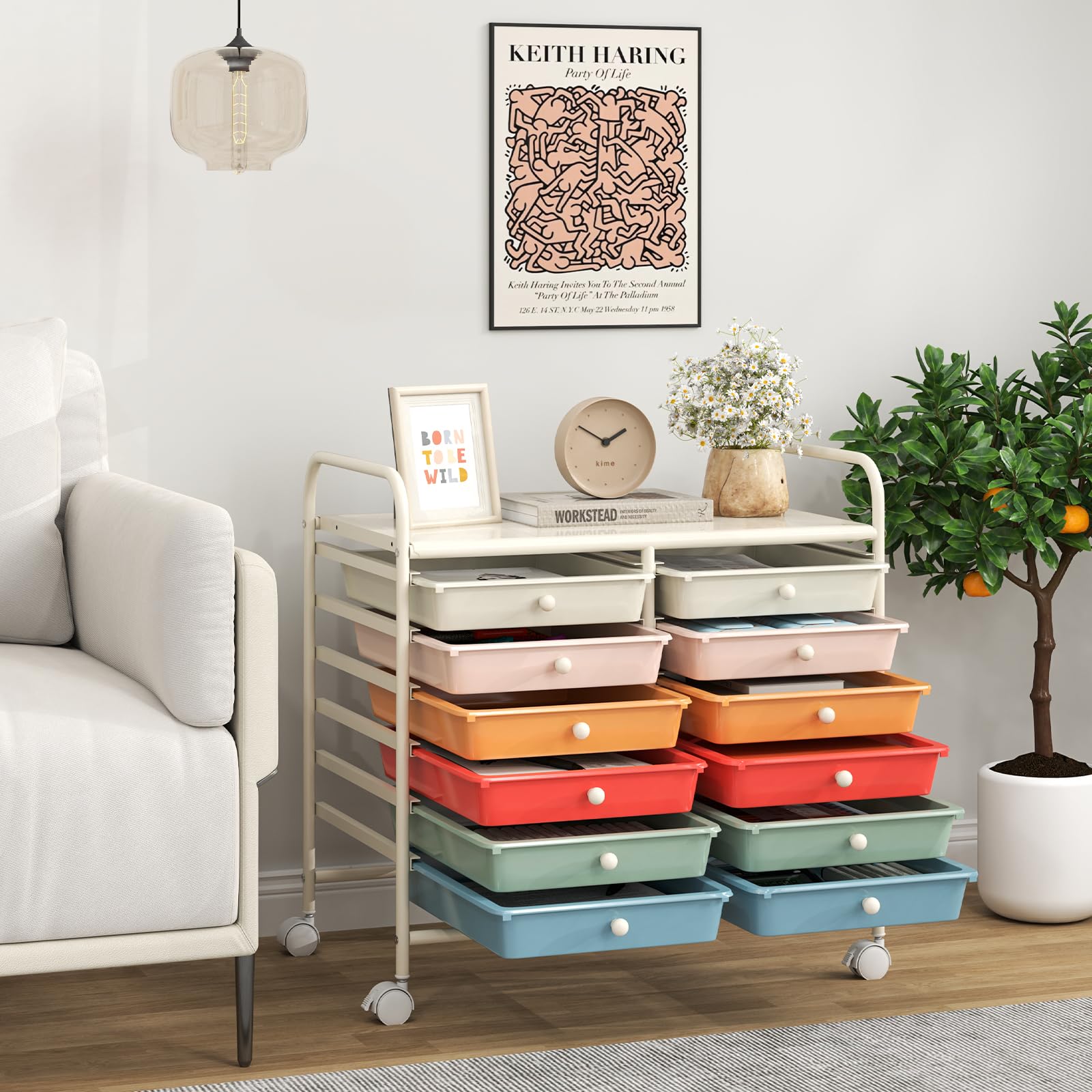 GIANTEX Rollwagen mit 12 stapelbaren Schubladen, Schubladenwagen mit Rollen & Arbeitsplatte, Badrollwagen für Wohnzimmer, Küchen, Schlafzimmer & Büros, 64 x 38 x 62 cm (Bunt 2)