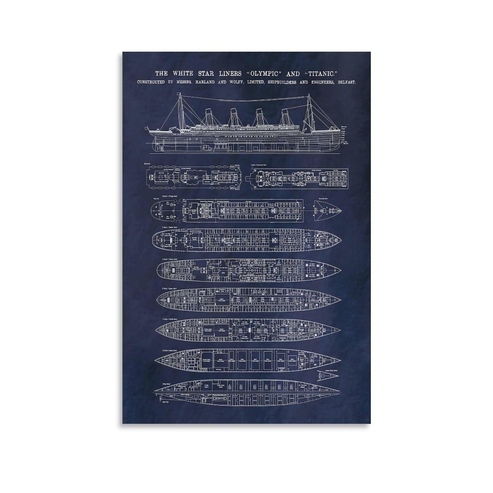 Vwwjccro Unframed Antique Nautical Blueprint Of Rms Titanic - Historical Ship Schematic Wall-Art For Home Office Decoration(,16X24inch(40X60cm))