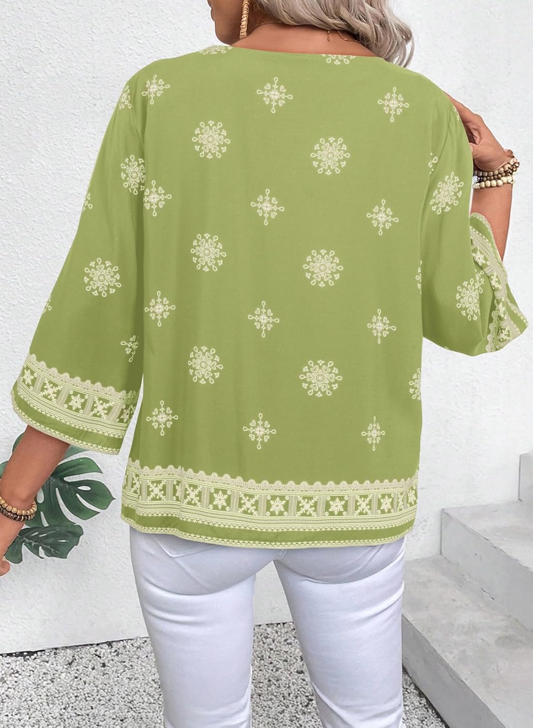 SHEWIN Womens Summer Tops Casual Retro Print V Neck 3/4 Sleeve Boho Vacation Blouses Shirts - Image 3
