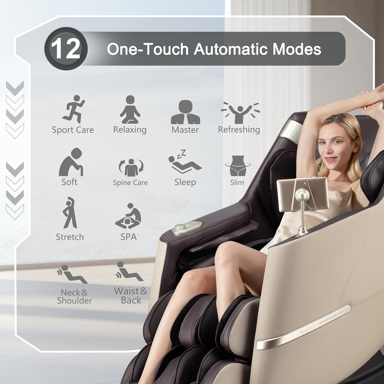 iBooMas Massage Chair, 2026 SL-Track Zero Gravity Shiatu Massage Chairs Full Body and Recliner, 12 Modes, Body Scan, APP, Foot Rollers, Heat, Airbags, Bluetooth, Thai Stretch(Brown)
