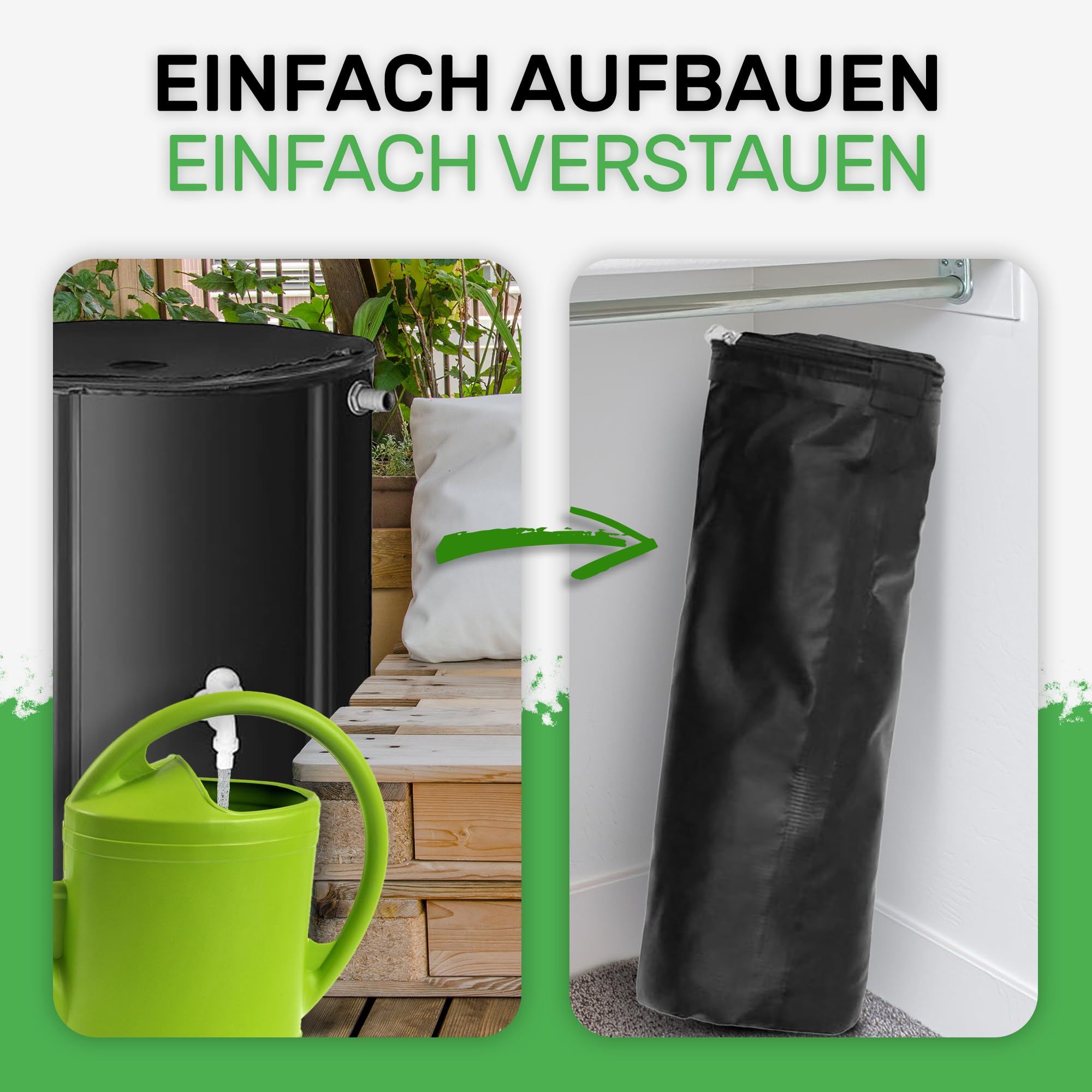 Melko - Regentonne faltbar 1000L mit Auslaufhahn, PVC Stützstangen & 2 m Wasserschlauch - Mobiles Regenfass mit Überlaufschutz & Anschluss - Regenwassertonne witterungsbeständig für Gartenbewässerung