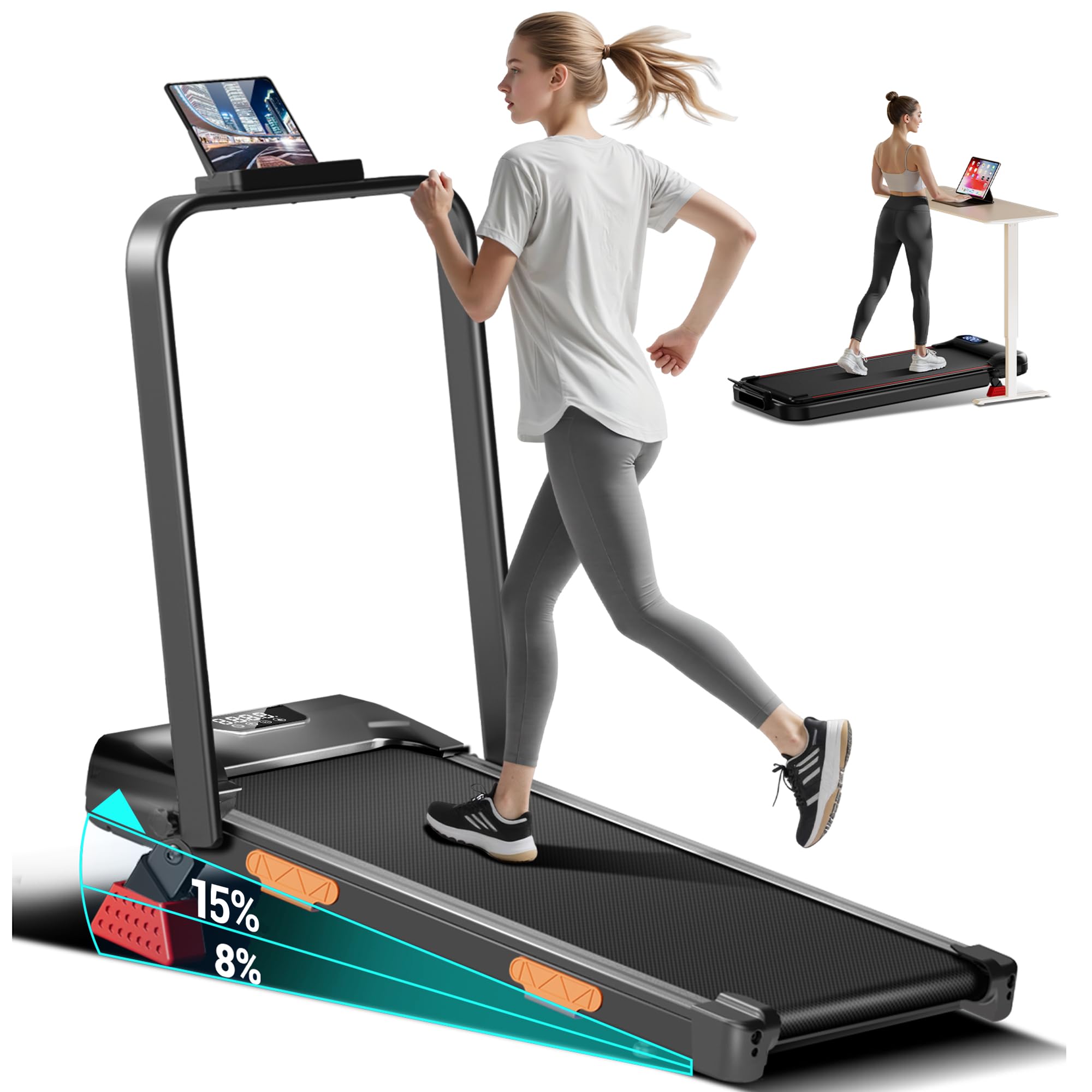 Walking Pad Treadmill for Home 2.5HP Foldable Treadmills with 12% Incline Compact Quiet Under Desk Small Walking Treadmill with Handles 300LBS with Romote Control Under Bed Office Dark Gray