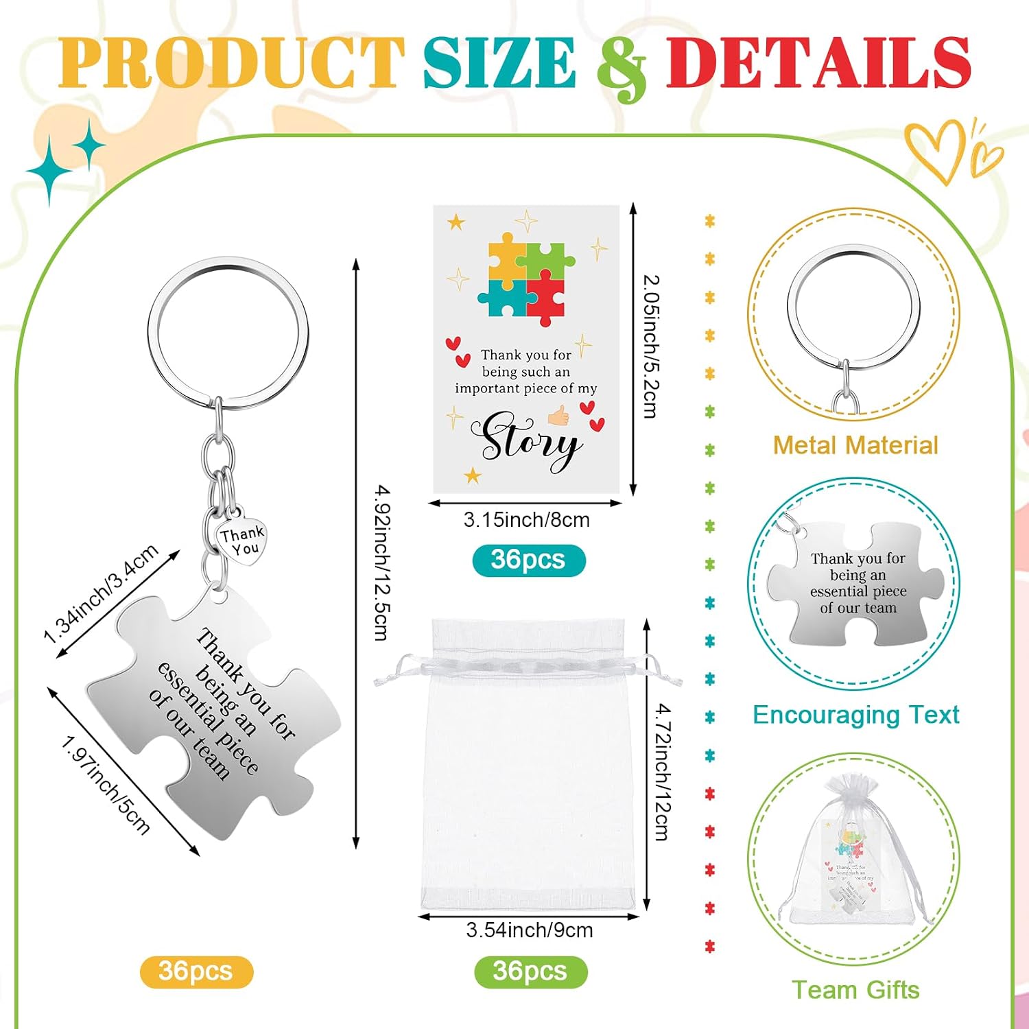 Tondiamo 12/24/36 Set Metal Team Appreciation Gift for Employee Staff Bulk Thank You Team Puzzle Piece Keychain with Card Bag