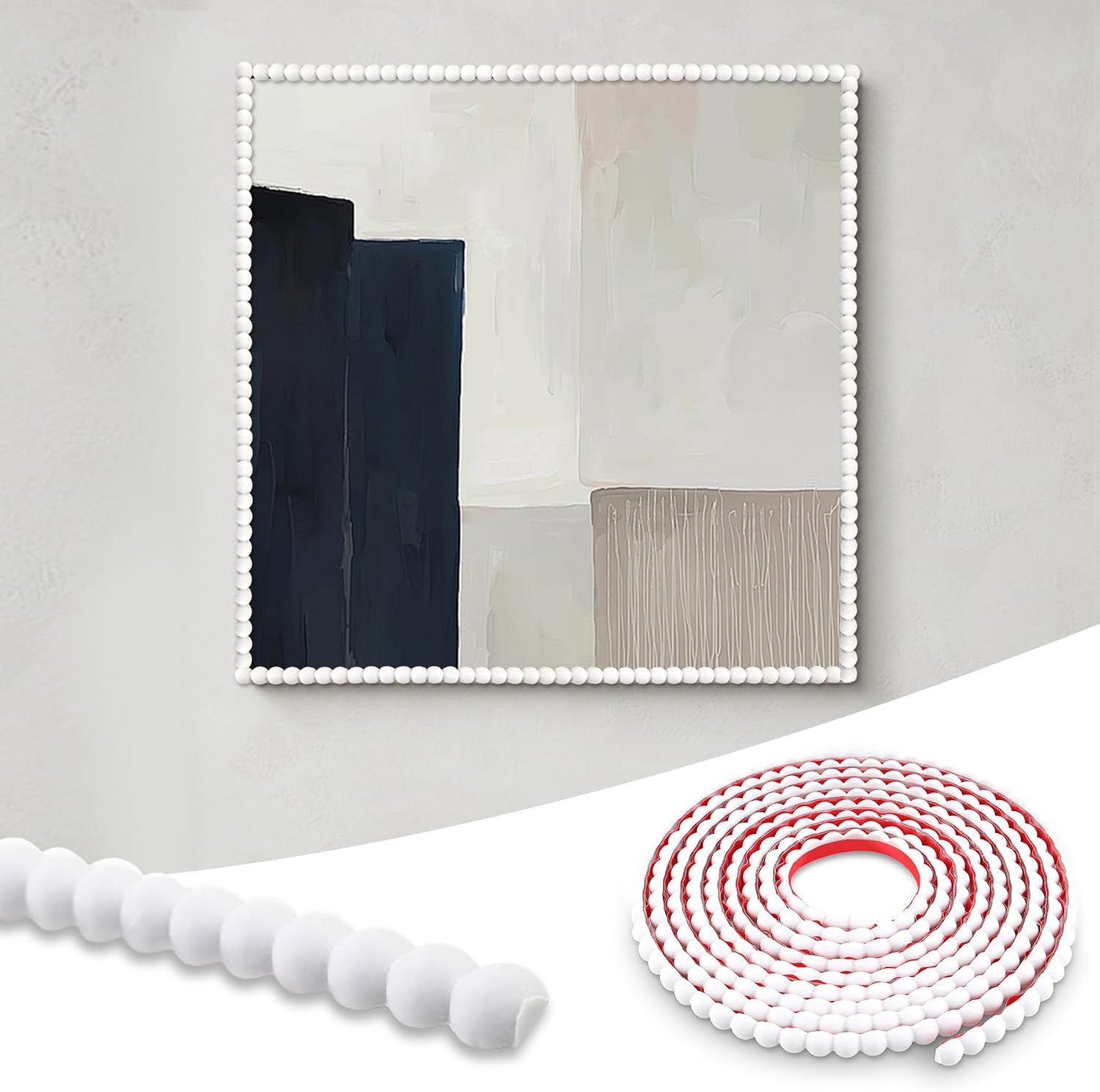 Hungbak 0.39" x 196.8" Peel and Stick Unfinished White Beaded Molding Trim - Self-Adhesive Decorative Strip for Picture Frame, Mirror, Shelf, Wall, Door, Cabinet