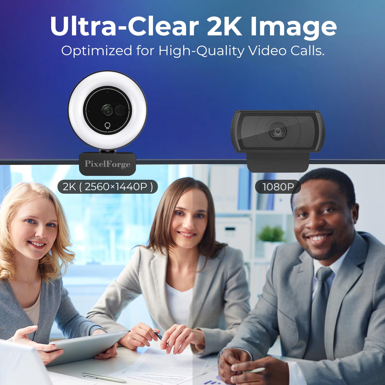 2K Webcam für PC mit Mikrofon & Licht & Privatsphäre Abdeckung, Webkamera für Desktop Computer/Laptop/Monitor/Mac, USB Streaming Kamera für Zoom/Skype/Teams/Videoanrufe/Studieren und | Einstellbares Ringlicht, Autofokus, rauschreduzierendes Mikrofon, USB-
