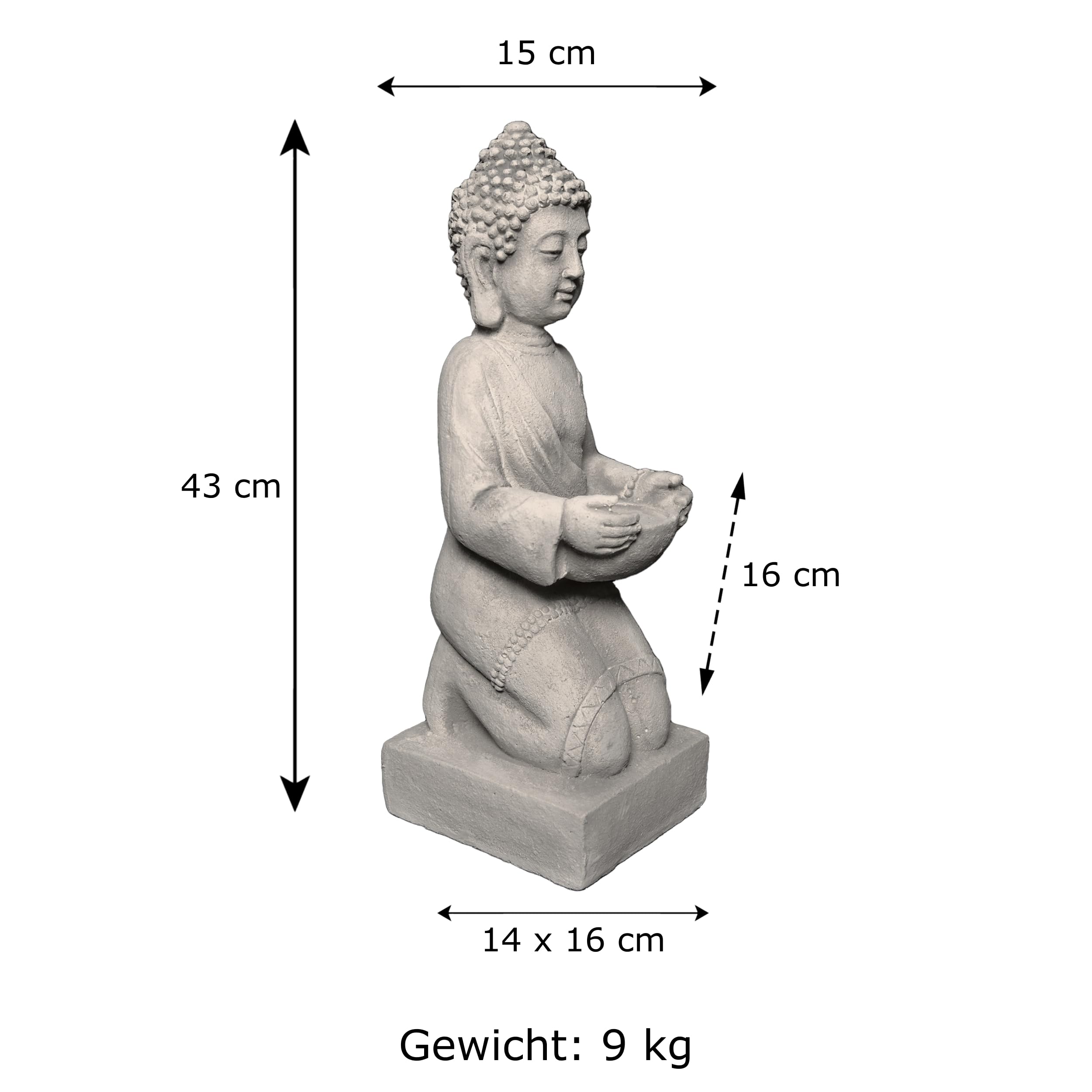 gartendekoparadies.de Buddha Statue auf einem Podest, Steinfigur aus Steinguss, Weißbeton, Frostsicher für Außenbereich, H. 43 cm, 9 kg (Grau)