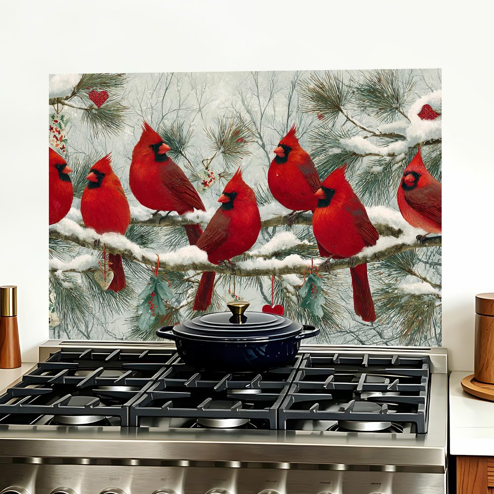Kitchen Oil Proof Sticker 35.4 x 23.6 Inch Red Cardinal Birds on Pine Branches Peel and Stick Backsplash Wallpaper for Kitchen Wall Behind Stove Counter Decor
