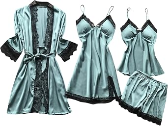 BOXIACEY Womens Silk Nightgown 4 Pieces Set Lace Satin Lingerie Robe Pajama Sexy Cami Shorts Satin Sleepwear Nightwear