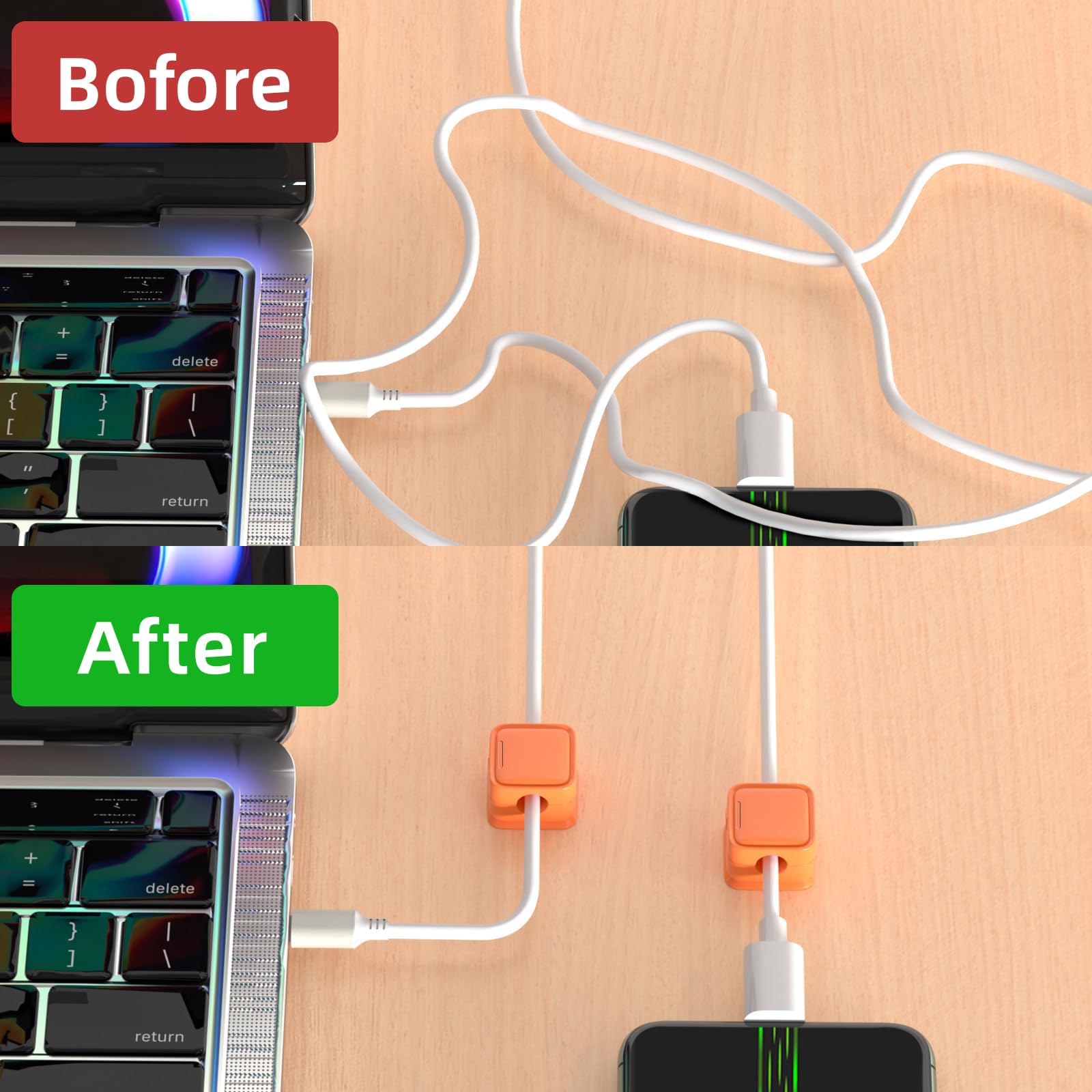 6 Pack Magnetic Cord Organizer, Easy Secure Adhesive Cable Management, Wire Holder Keeper Organizer Management, Hide Or Organize Phone USB Charger Cable for Home,Office,Car,Desk,Nightstand-Orange