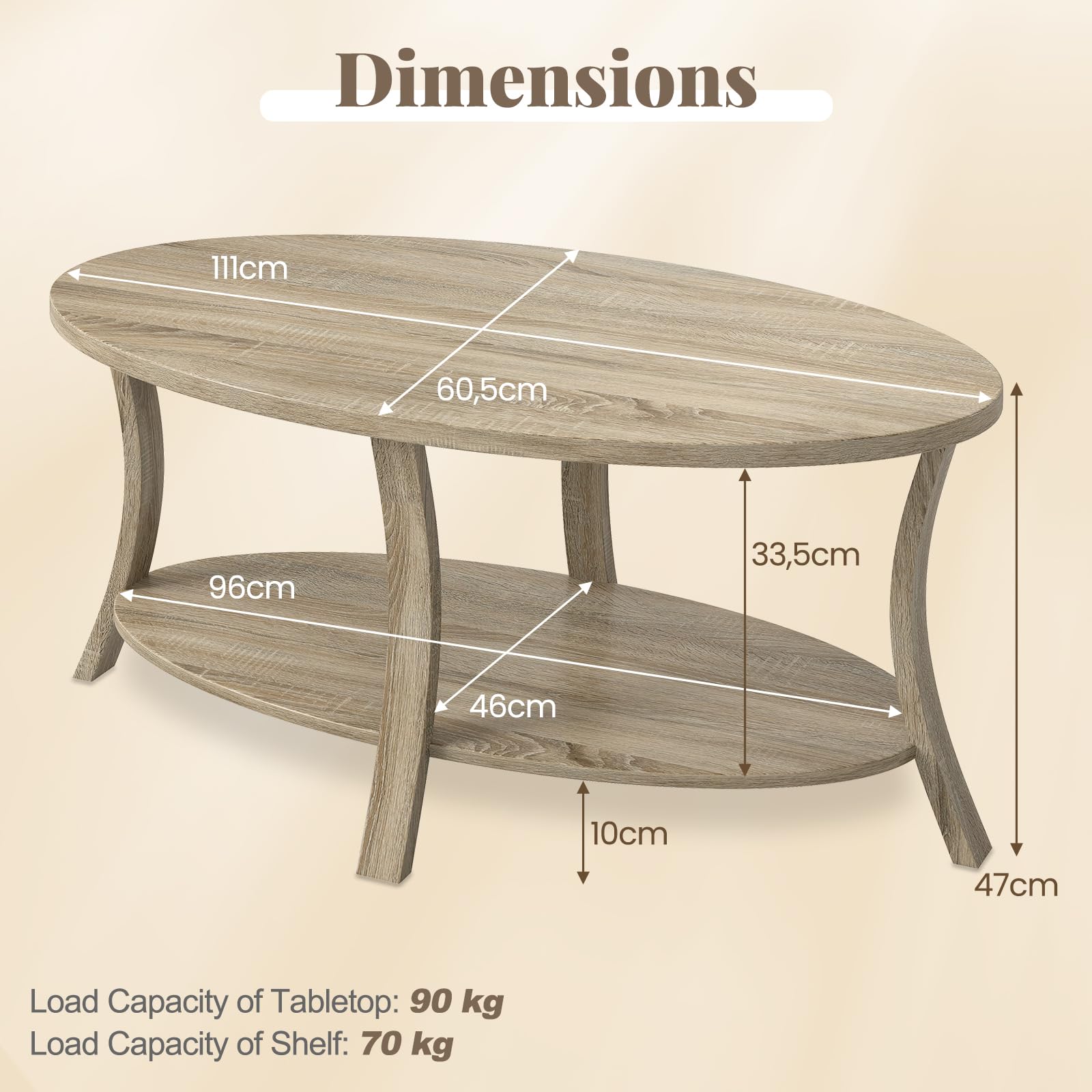 LIFEZEAL Ovaler Couchtisch Holz, Wohnzimmertisch mit 2 Ebenen & Ablagefach, Rustikaler Sofatisch für Zuhause, Büro, 111 x 60,5 x 47 cm (Natur)