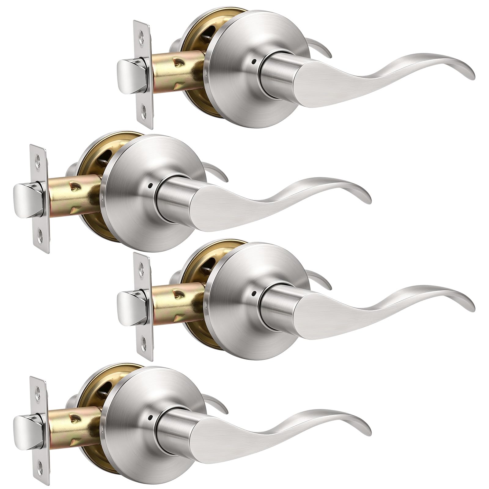 Mengico 4 Pack Satin Nickel Modern Interior Passage Door Knobs, Keyless Door Handle for Hallway &amp; Closet, Wave Style Non-Locking Door Lever Reversible for Left &amp; Right Handed
