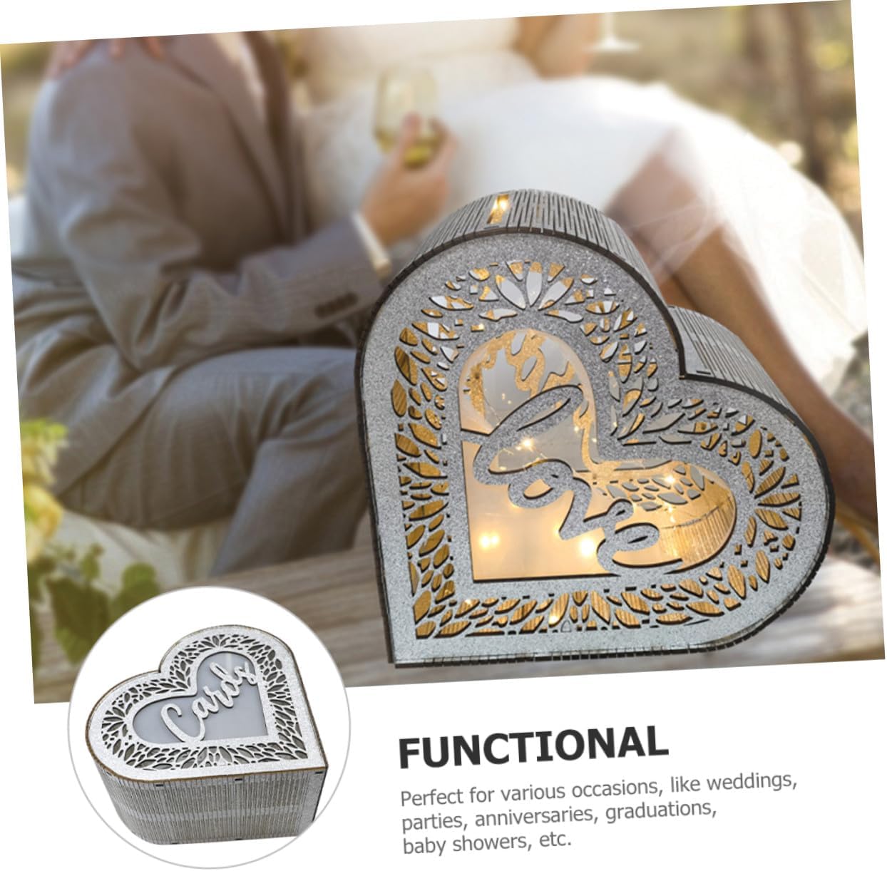 Abaodam Wooden Hollow Heart-shaped Card Box Glitter Design Wedding Card Holder Envelope Money Box Anniversary Greeting Container Decorative Storage for Party Events