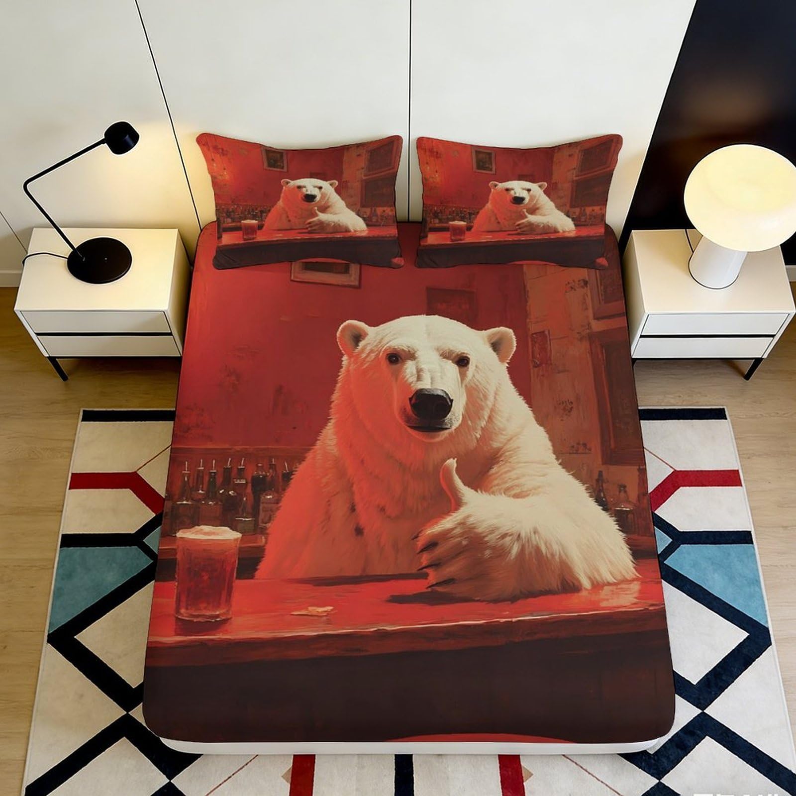 Pnayamiorkfel Style-10 3D Printed Polar Bear Bar Fitted Sheet Microfiber Soft Breathable Pub Scene Bed Cover For Bedroom Dorm Decor 90X200x25cm