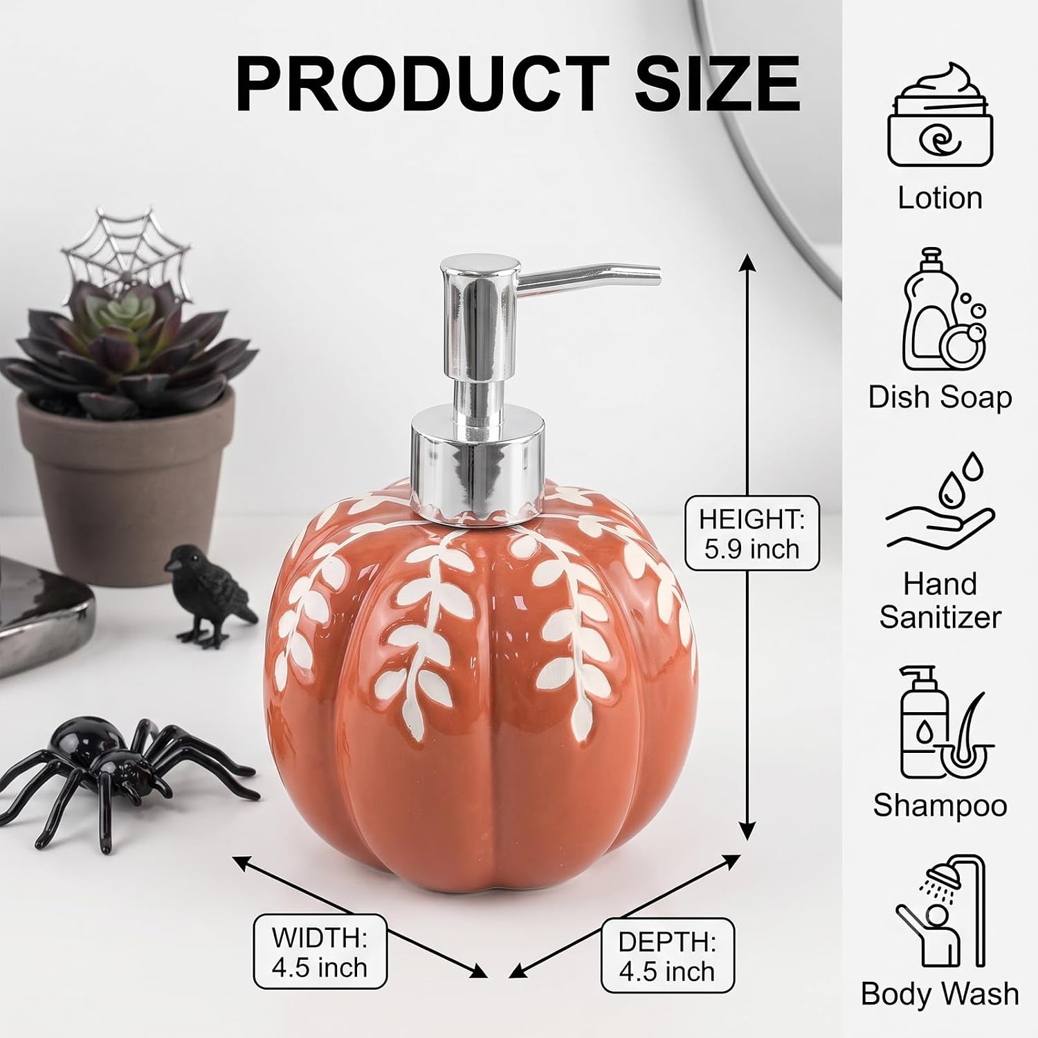 Pumpkin Ceramic Soap Dispenser, 460ML Handmade Decorative Lotion Bottle, Rustic Countertop Liquid Soap Pump for Bathroom Kitchen Home Decor Holiday Housewarming Gift