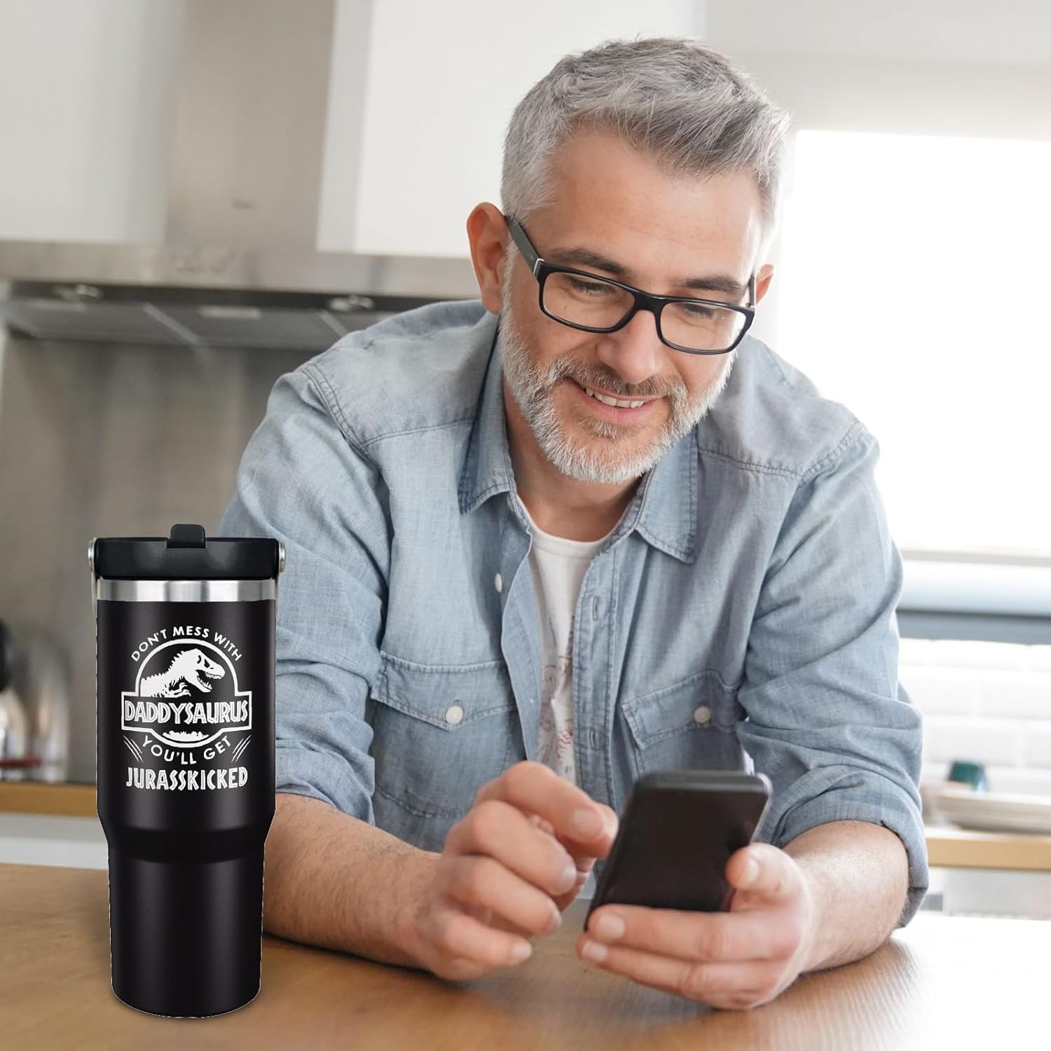 Father's Day Gifts for Dad - 30 oz Tumbler with Handle and Straw, Vacuum Insulated Water Bottle Stainless Steel, Leak Proof Travel Mug Proud Papa Cup for Men Birthday Christmas Gift from Daughter Son - Image 6