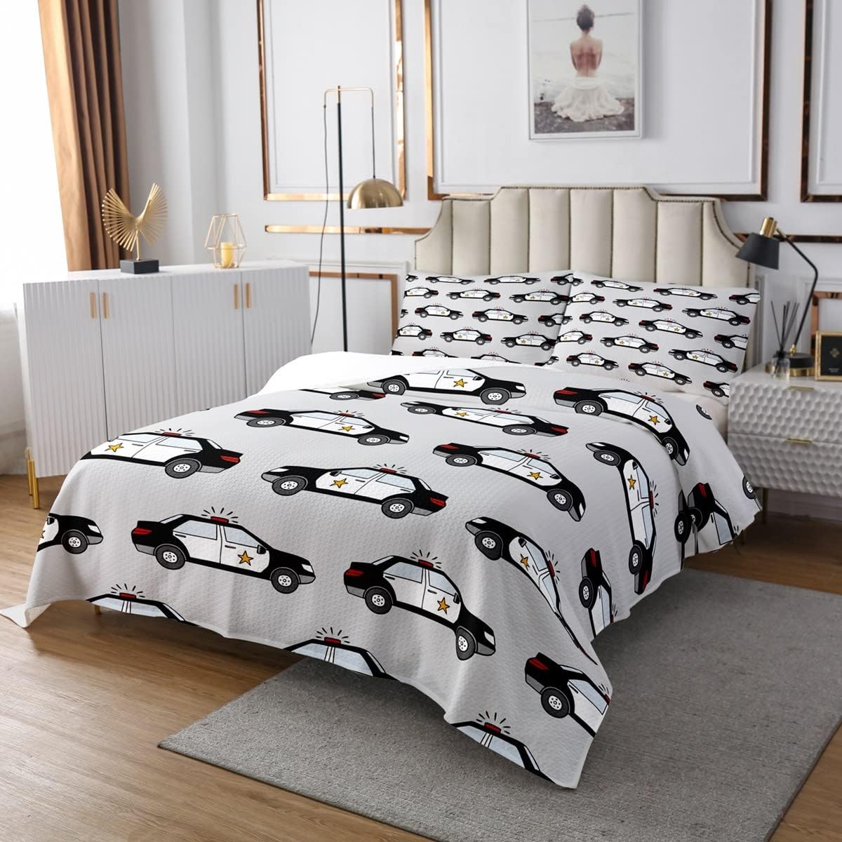 Erosebridal Kids Police Car Queen Quilt Set Boys Cartoon Car Coverlet Set, Black White Grey Bedding Set Toddler Police Car Bedspread Set, Cute Car Theme Bed Quilt Room Decorations